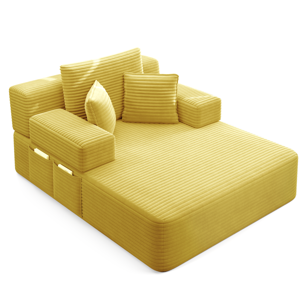 Oversized Plush Corduroy Chaise Lounge Sofa Bed,Convertible Sleeper Couch Bed w/ Storage Pockets,3 Soft Pillows,Multi-Functional Frameless Sofa Couch for Apartment,Home Theater,Guest Room,Beige&White