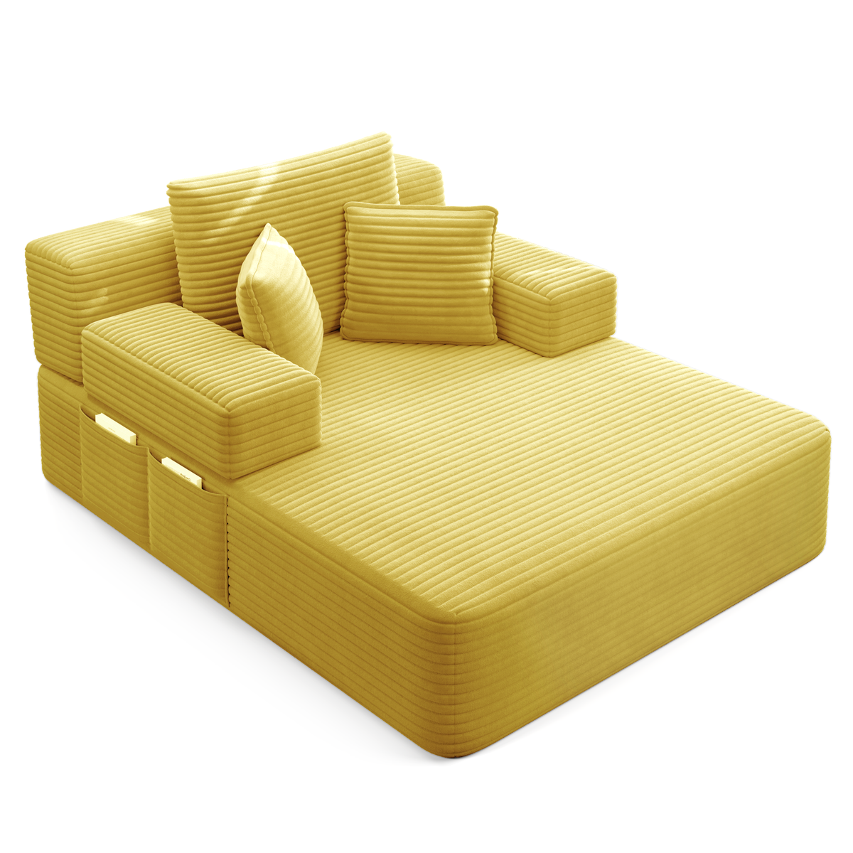 Oversized Plush Corduroy Chaise Lounge Sofa Bed,Convertible Sleeper Couch Bed w/ Storage Pockets,3 Soft Pillows,Multi-Functional Frameless Sofa Couch for Apartment,Home Theater,Guest Room,Beige&White