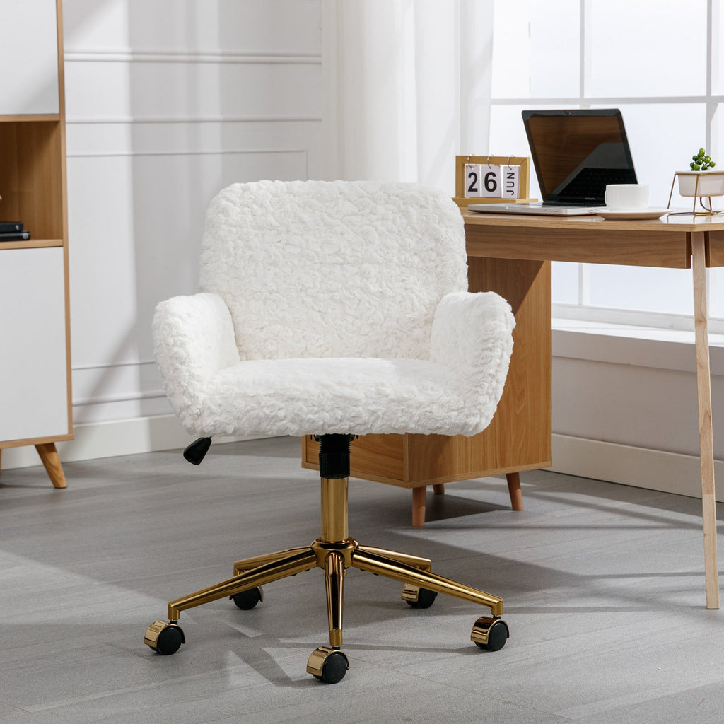 Faux Fur Office Chair — 40° Reclining with Gold Metal Base & Wheels