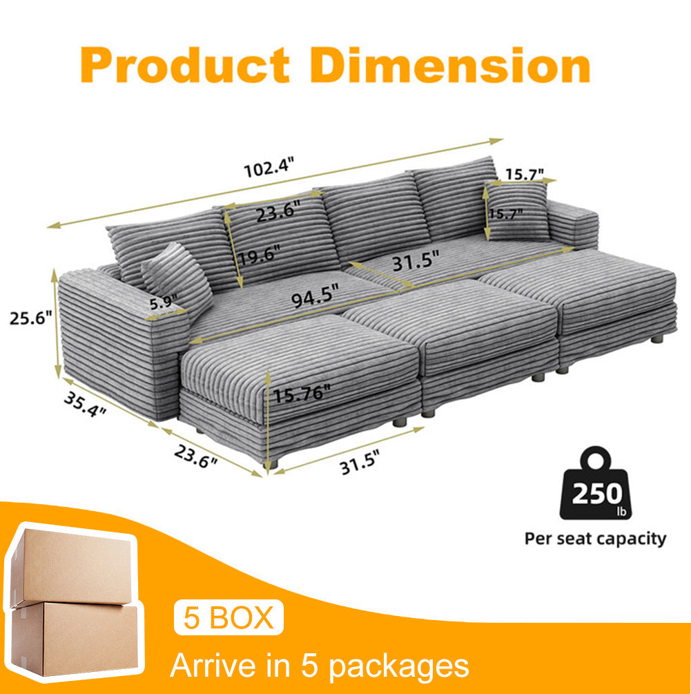 102.4 'Plush Corduroy 4-Seat Sofa,Modern Comfy Upholstered Sofa Cloud Couch,Deep Seat Couches with Soft Pillows and 3 Ottomans,Convertible Sofa Lounge Chair,Black(Old SKU:W1885S00287)