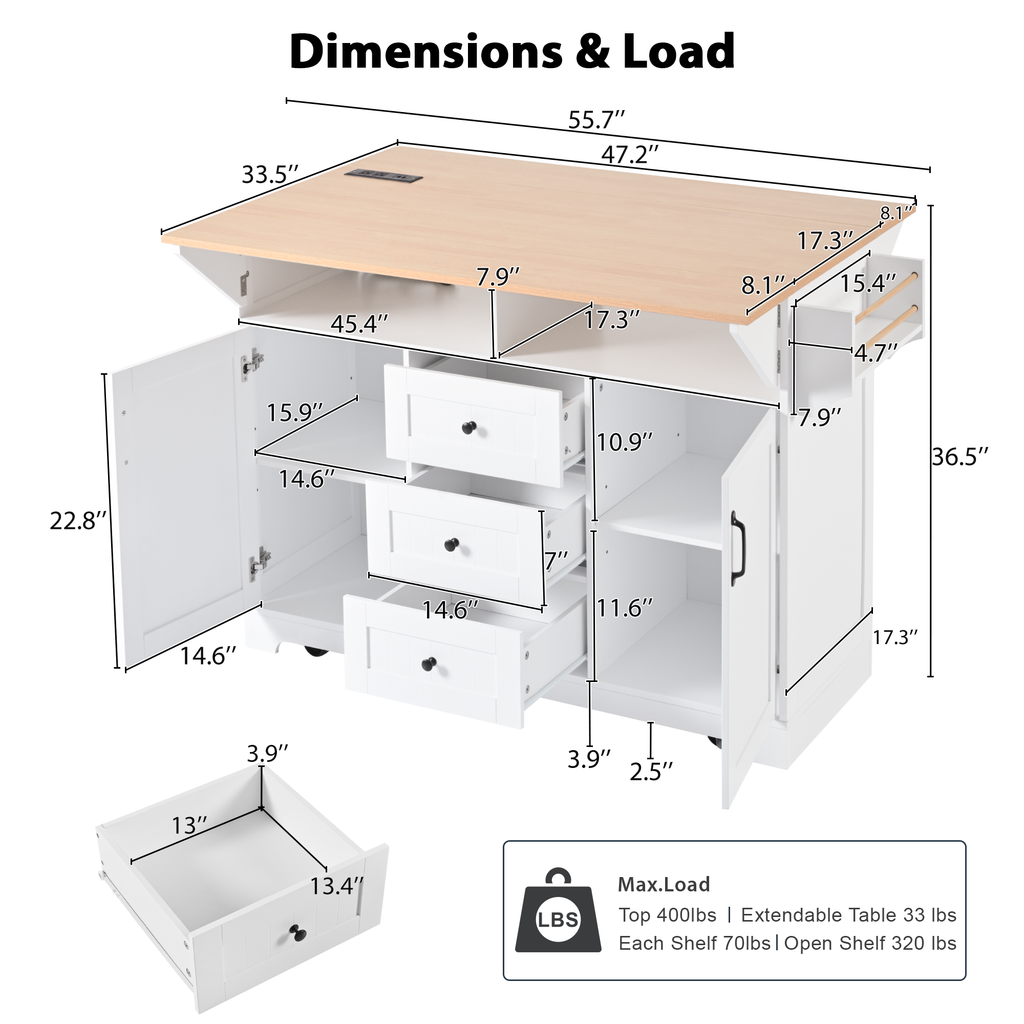 K&K 55.7'' Large Kitchen Island with 2 Drop Leaf,, Rolling Kitchen Cart on 5 Wheels with Power Outlet, Folding Storage Dining Table with Spice & Towel Rack , 3 Drawers, for Kitchen, Dining Room,Black