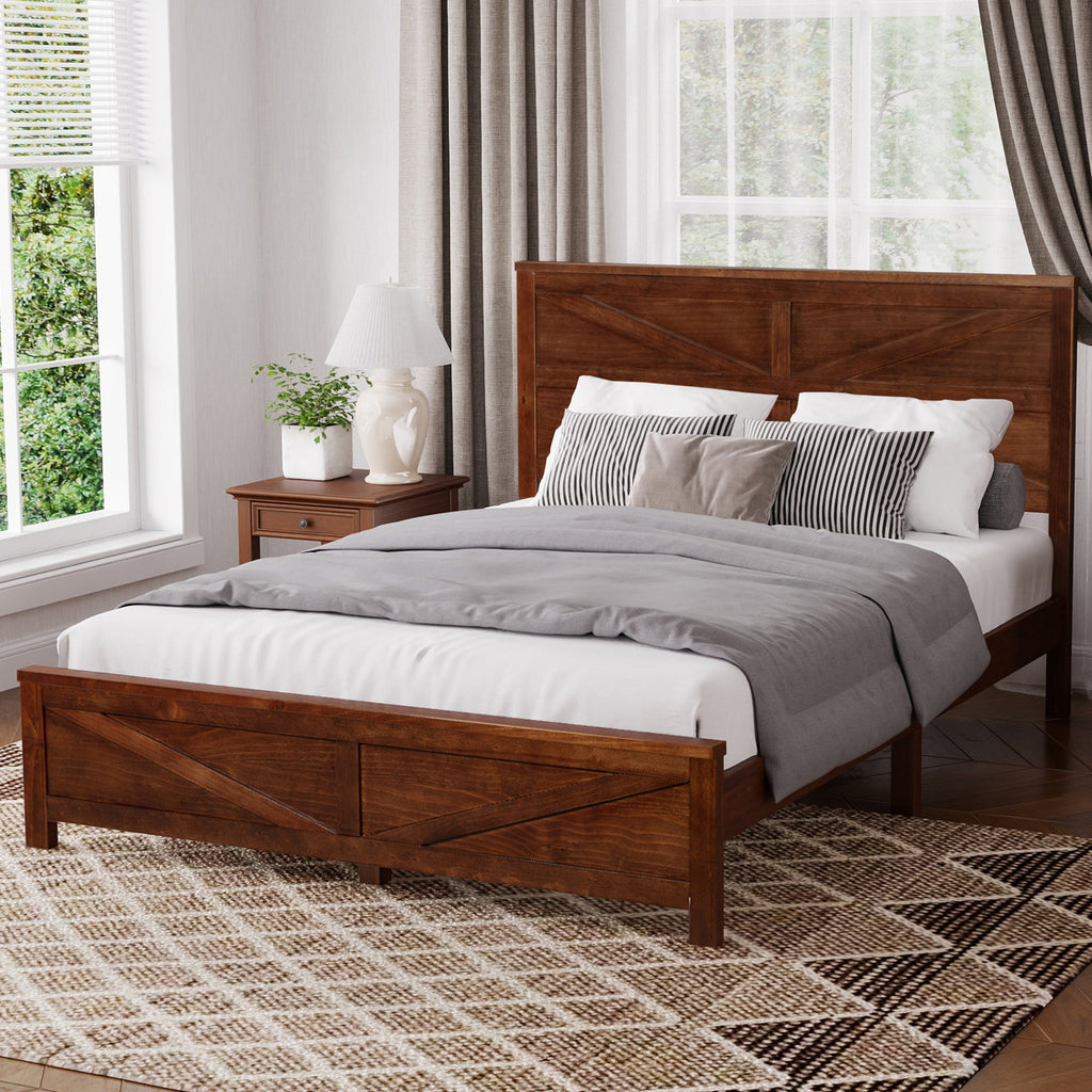Farmhouse Style Queen Size Bed with Barn Door Designed Headboard and Footboard, Pinewood Bed with Strengthened Bed Frame ,White