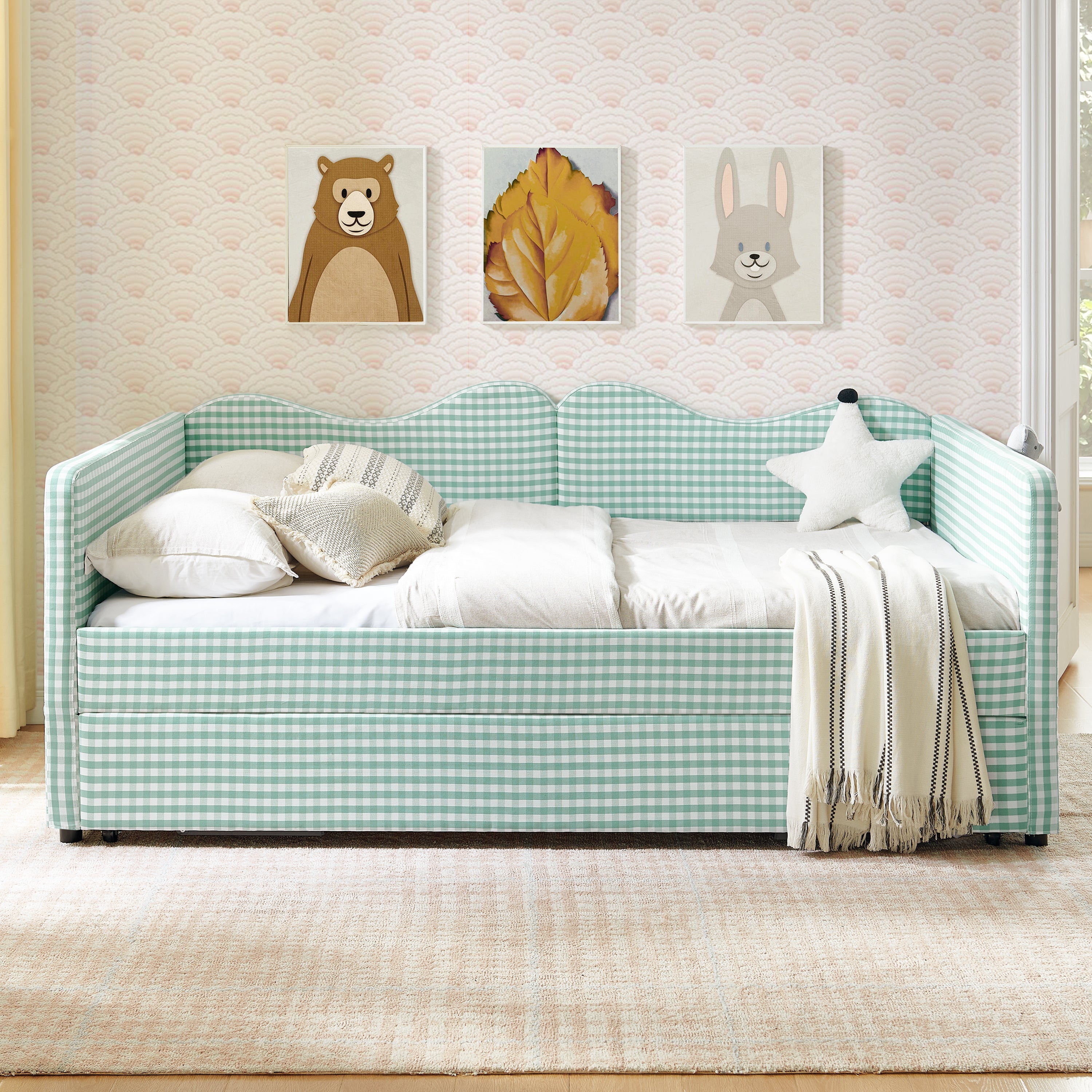 Full‑Size Daybed,Gingham Upholstered Daybed Equipped with Pull-Out Trundle Bed Frame & Side Storage Pocket, Solid Wood Frame Multi-Functional Sofa Bed for Kids Room & Guest Bedroom-PINK