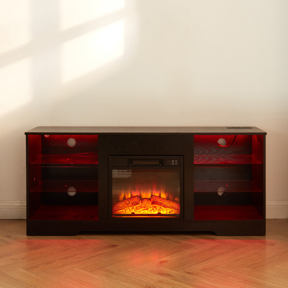 TV Stand with Electric Fireplace — Glass Shelves & USB Outlets for TVs Up to 62"