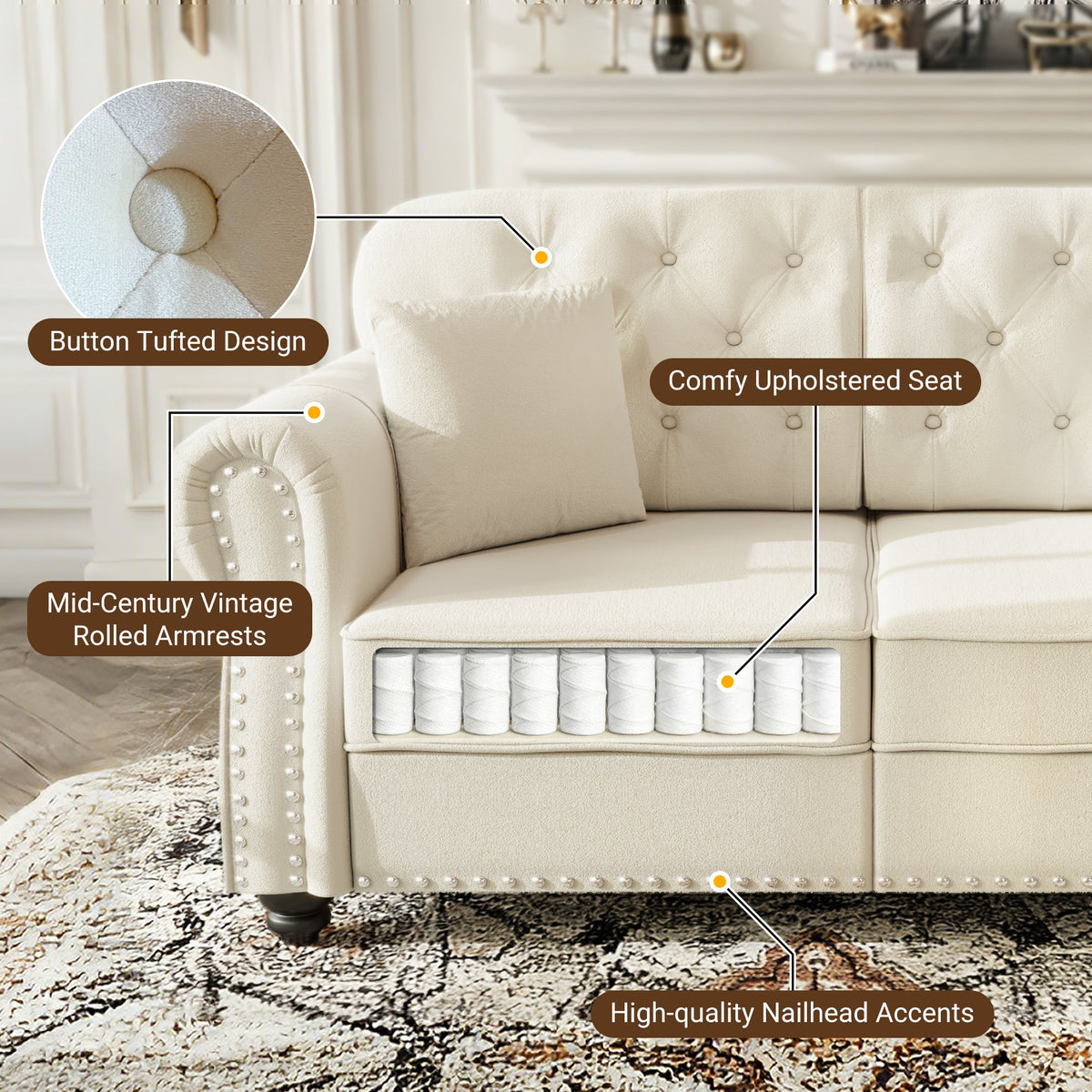 41.3'Upholstered Velvet Sofa with Nailhead Trim and Rolled Armrests,Mid-Century Modern Chesterfield Sofa with Button Tufted,Includes 1 Pillows,Brown