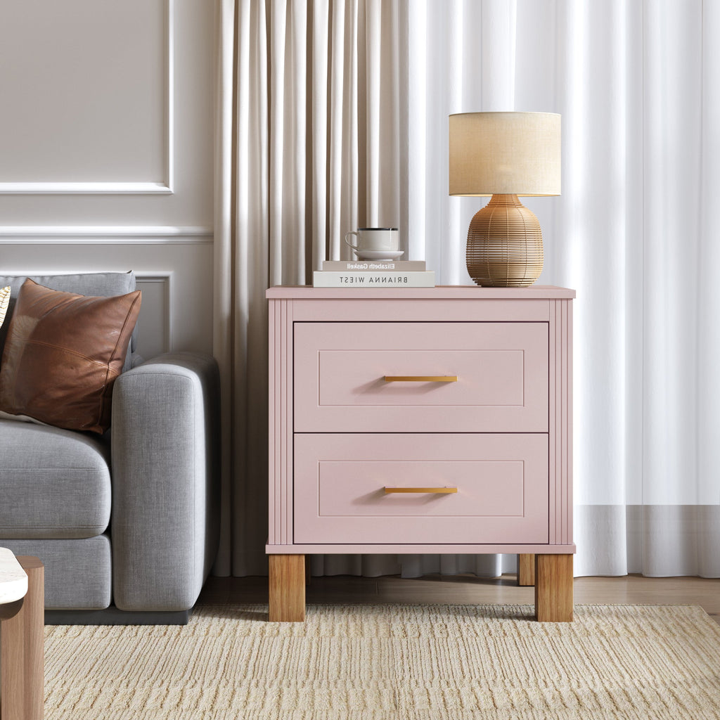 2 Drawer Nightstand, Premium Wood Storage with Elegant Fluted Design, Solid Wood Legs Nightstand with Metal Handle, Tall Bedside Table for Bedroom Living Room, White