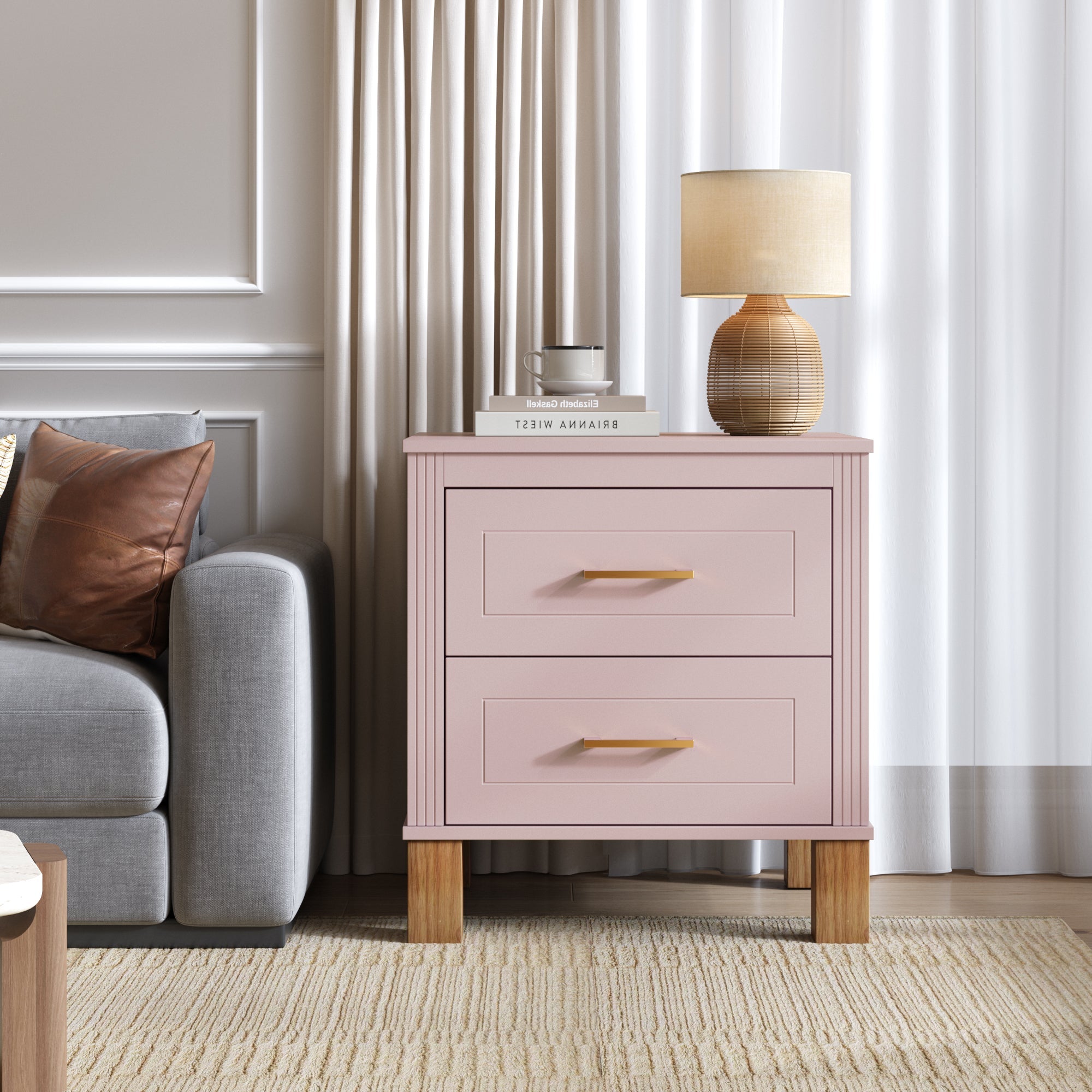 2 Drawer Nightstand, Premium Wood Storage with Elegant Fluted Design, Solid Wood Legs Nightstand with Metal Handle, Tall Bedside Table for Bedroom Living Room, White