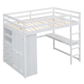White full size loft bed with wardrobe and desk — front view