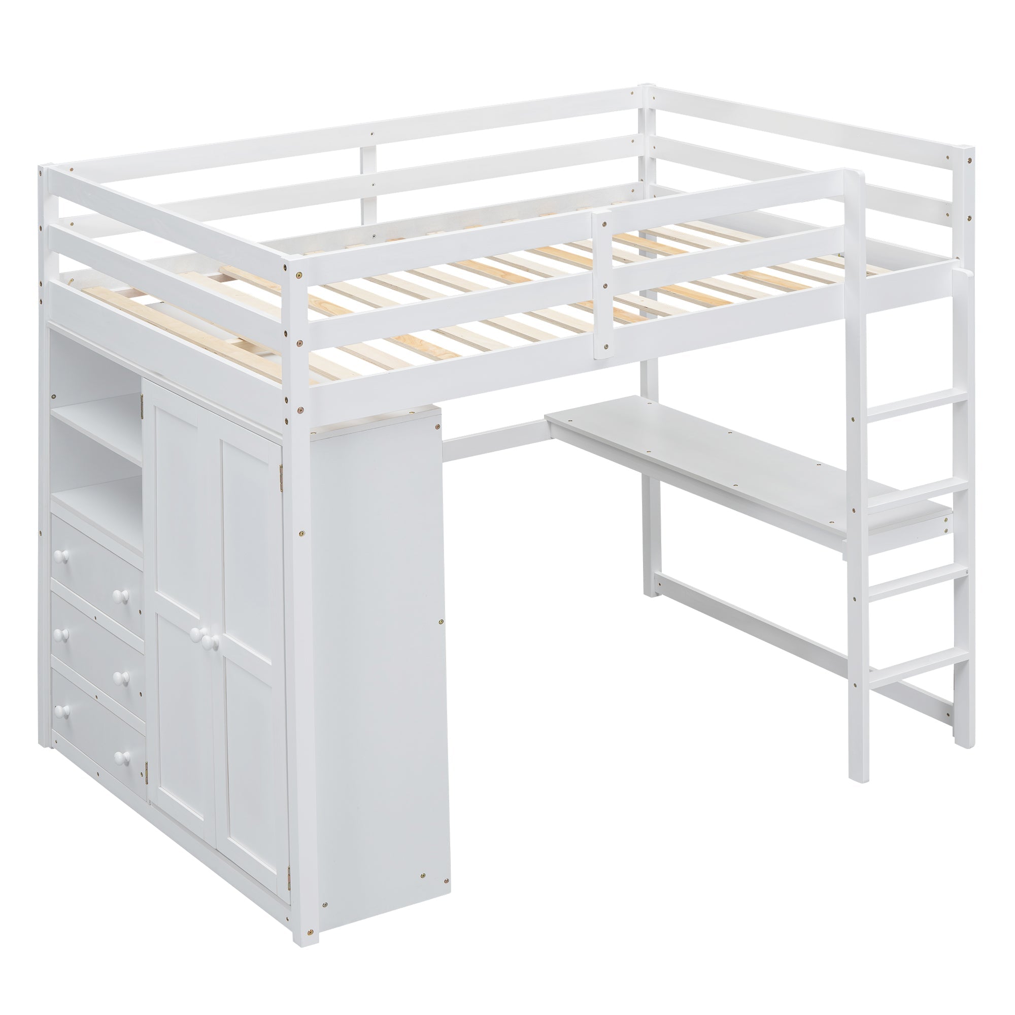 Full Size Loft Bed with Wardrobe, Desk & Storage Drawers — Pine Wood