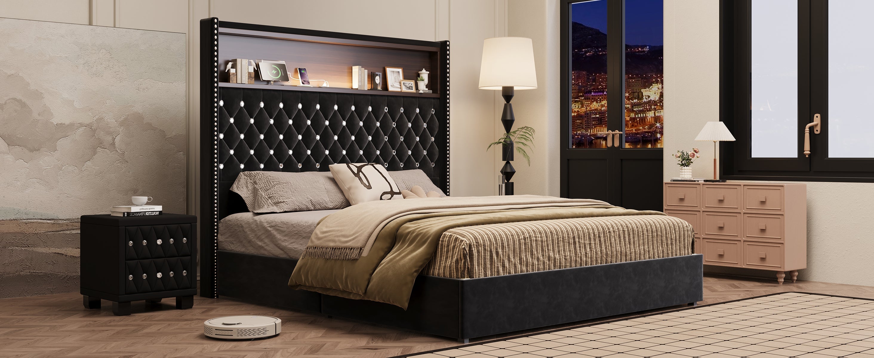 Queen Size Velvet Tufted Soft Bed Frame with USB Port and Night Light,52'' High Headboard with Rivet Decoration, Wing-back Platform Bed with Headboard Shelf, Beige