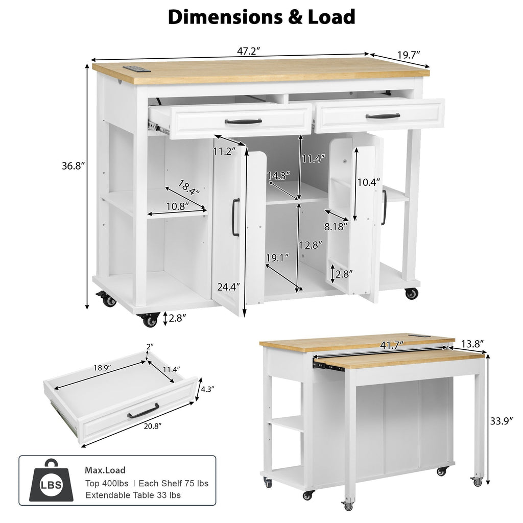K&K 47 inch Kitchen Island with Extendable Dining Table, Rubber Wood Veneer Kitchen Table with Internal Storage Rack, Power Outlet, Kitchen island with Storage 2 Drawers 2 Cabinet, Black