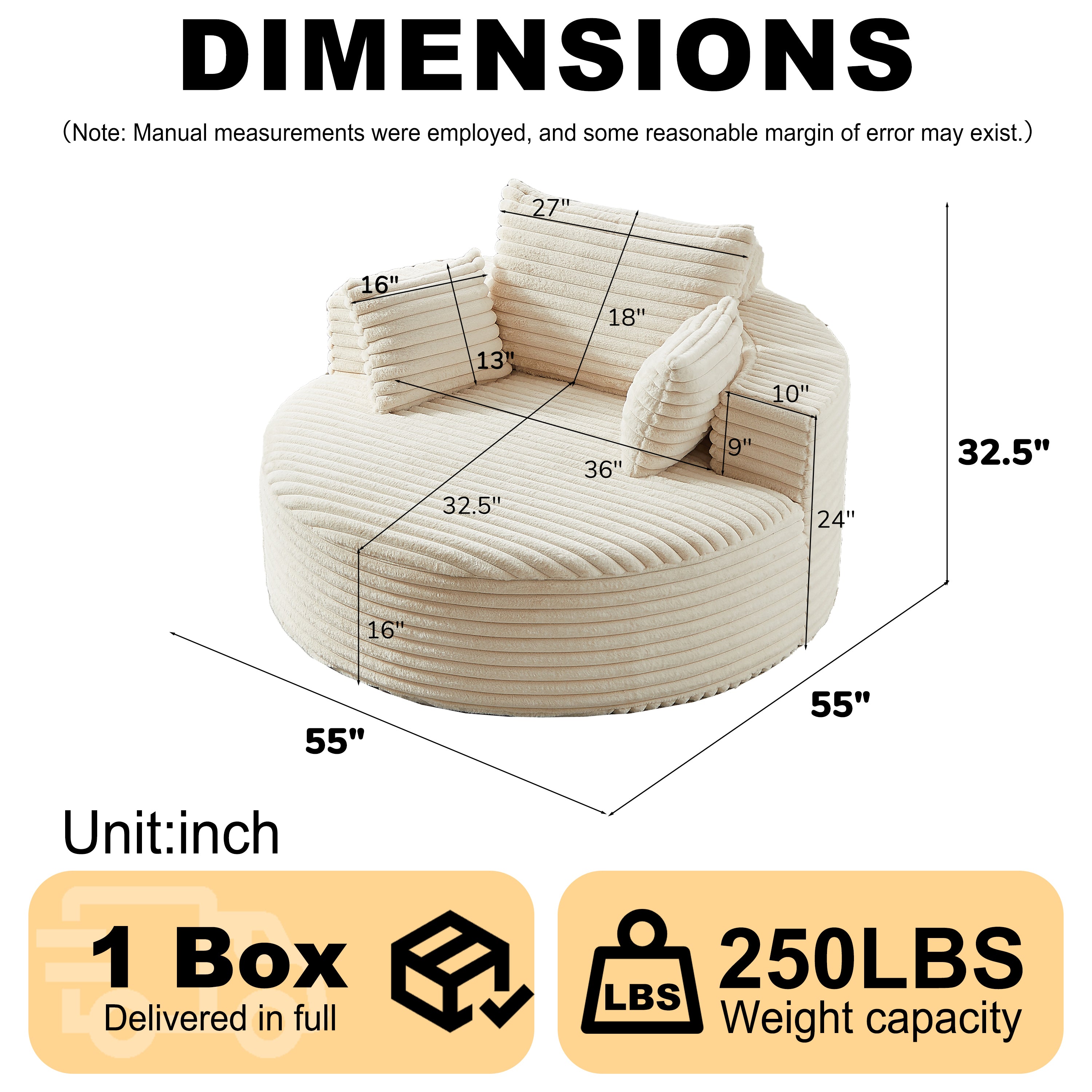 Corduroy single seat chair — angle view