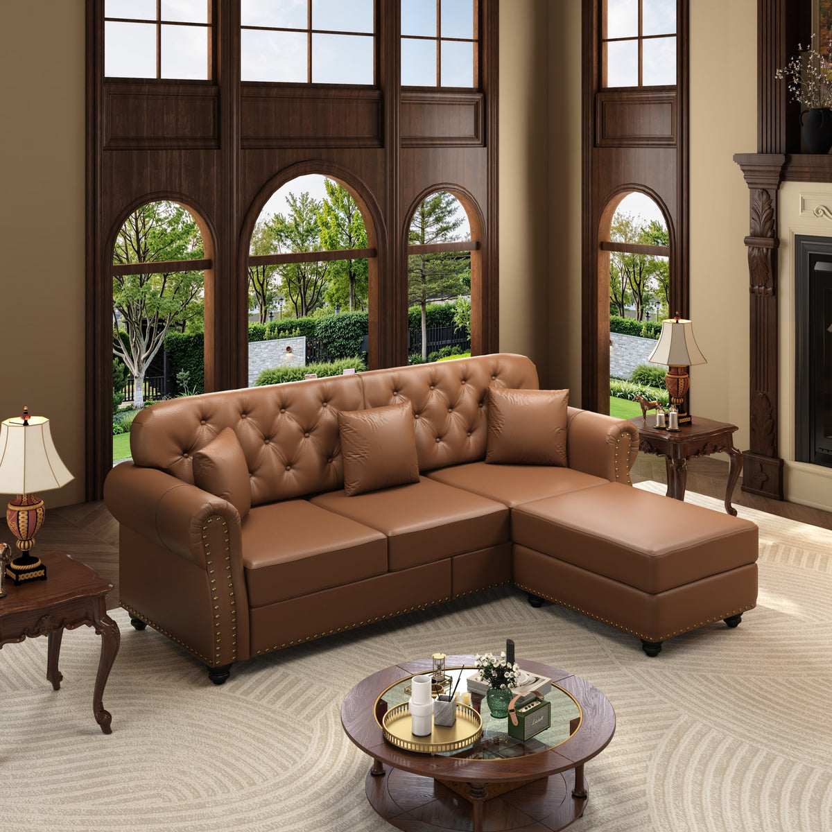 82.6'Upholstered Faux Leather Sofa with Nailhead Trim and Rolled Armrests,Mid-Century Modern Chesterfield Sofa with Button Tufted,Includes 3 Pillows,Black
