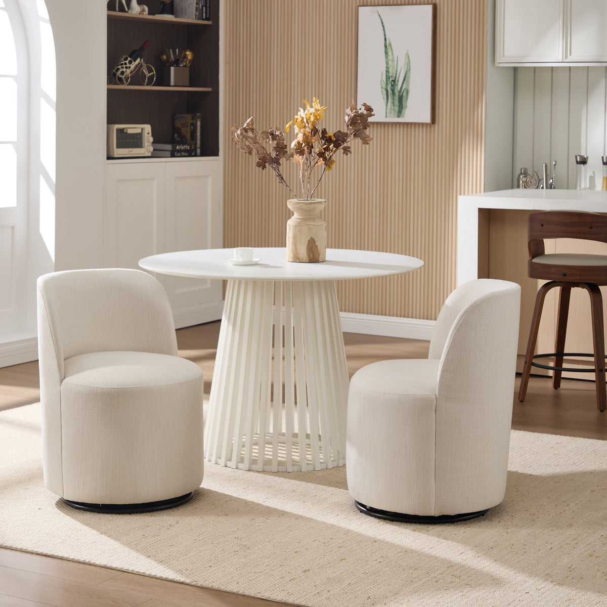 Set Of 1 Upholstered Kitchen & Dining Room Barrel Chair, Mid Century Modern Round Linen Dining Chair, 360 Degree Swivel Comfy Armless Accent Makeup Vanity Side Chair for Bedroom Living Room
