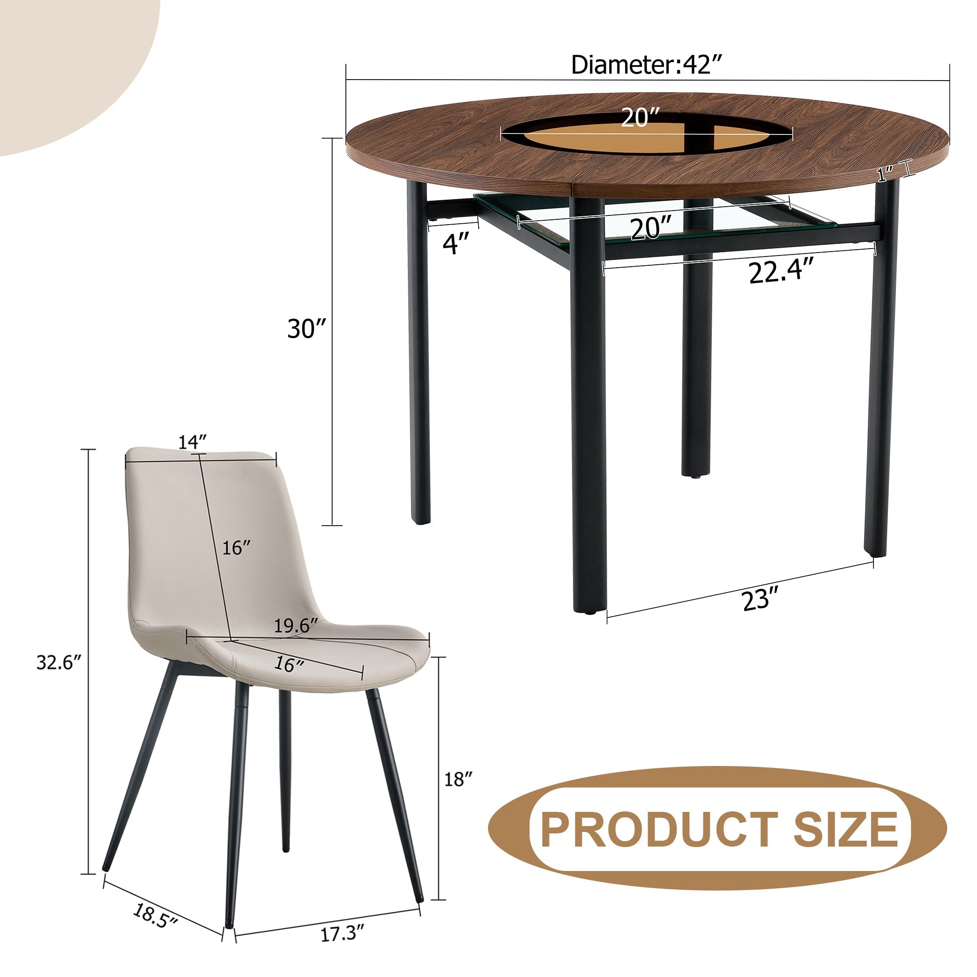 Table and chair set.42 inch modern minimalist brown wood grain round dining table set.Paired with 6 Black Artificial PU Chairs With Curved Widened Cushion Design. Suitable for dining rooms,office,etc.