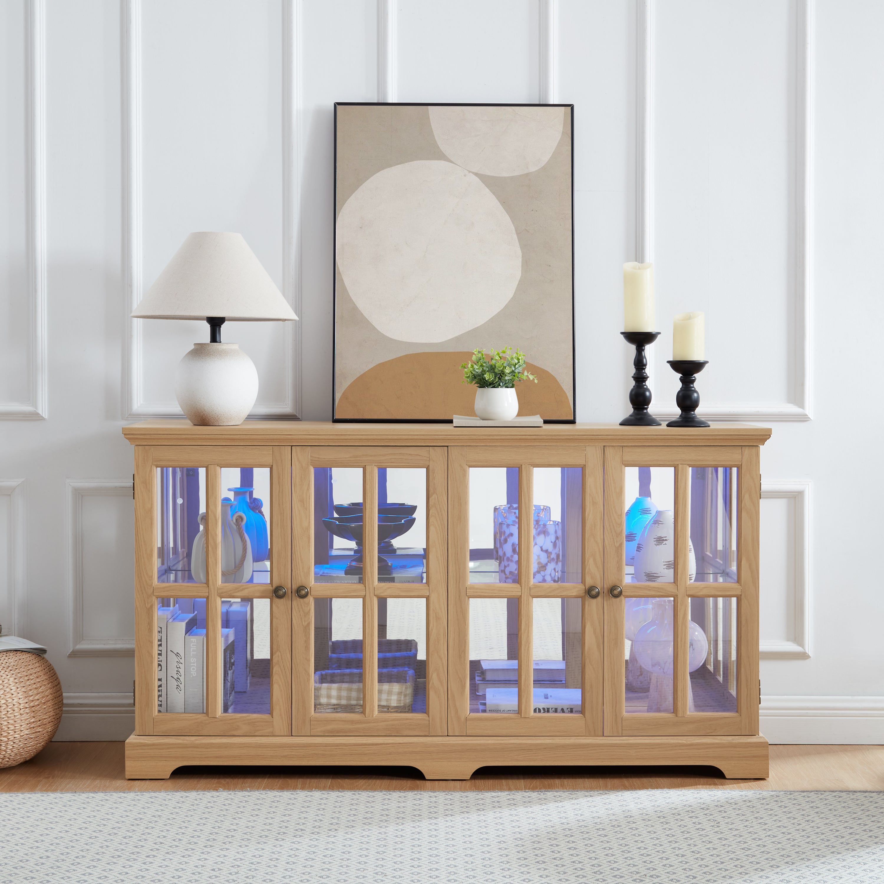 LED Curio Display Cabinet Antique Display Cabinet with Glass Doors Adjustable Shelves for Collectibles Four Door Design Vintage Showcase for Home or Office Antique Display Case OAK