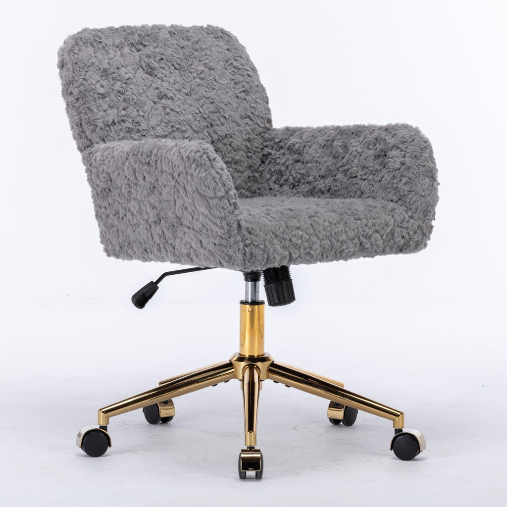 Faux Fur Office Chair — 40° Reclining with Gold Metal Base & Wheels