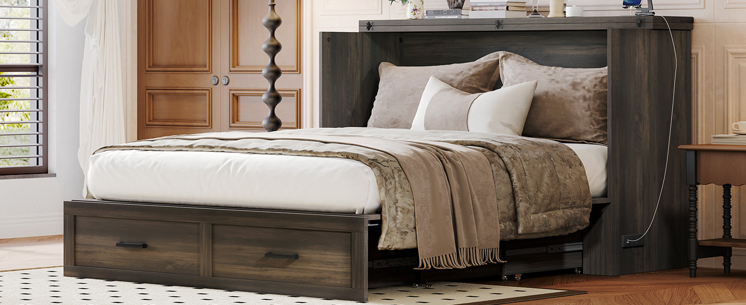 Queen Size Farmhouse Murphy Cabinet Bed with Charging Station, Foldable Platform Bed with Large Storage Drawer for Guest-Room, Small Bedroom, White(Old SKU: N733S237837W)