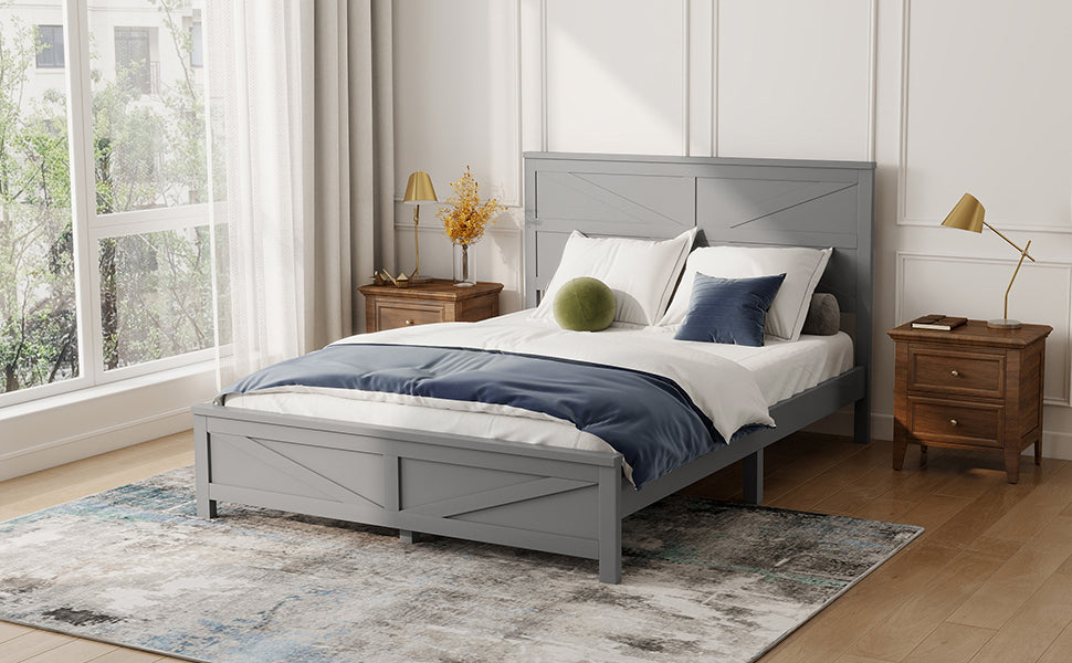 Farmhouse Style Queen Size Bed with Barn Door Designed Headboard and Footboard, Pinewood Bed with Strengthened Bed Frame ,White
