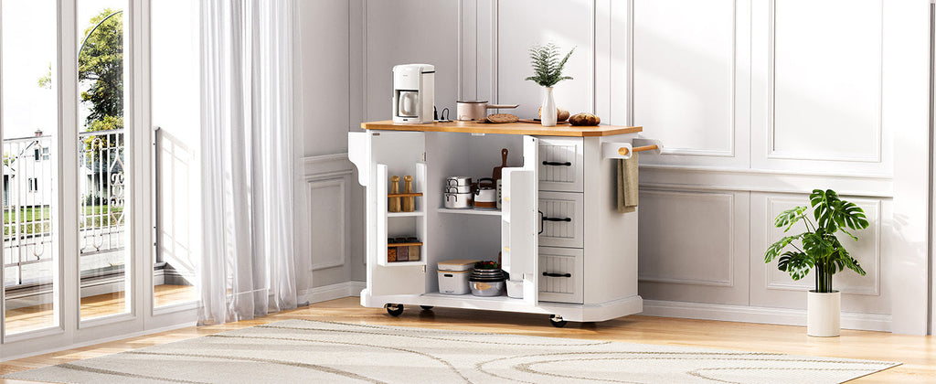 K&K 56 inch Kitchen Island with Rubber Wood Veneer Drop Leaf, Power Outlet, 4 Door Shelves, Embossed Vertical Stripe Rolling Kitchen Cart on 4 Wheels with 6 Deep Drawers for Kitchen, Dining Room,Black
