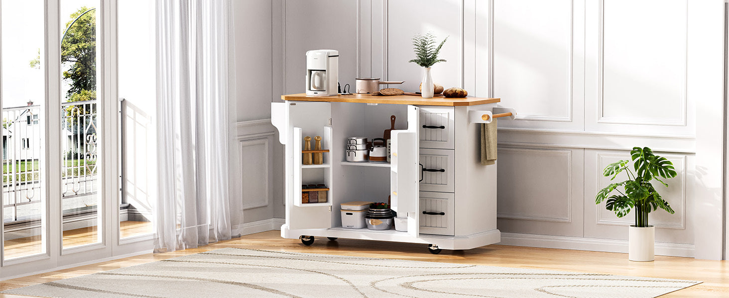 K&K 56 inch Kitchen Island with Rubber Wood Veneer Drop Leaf, Power Outlet, 4 Door Shelves, Embossed Vertical Stripe Rolling Kitchen Cart on 4 Wheels with 6 Deep Drawers for Kitchen, Dining Room,Black