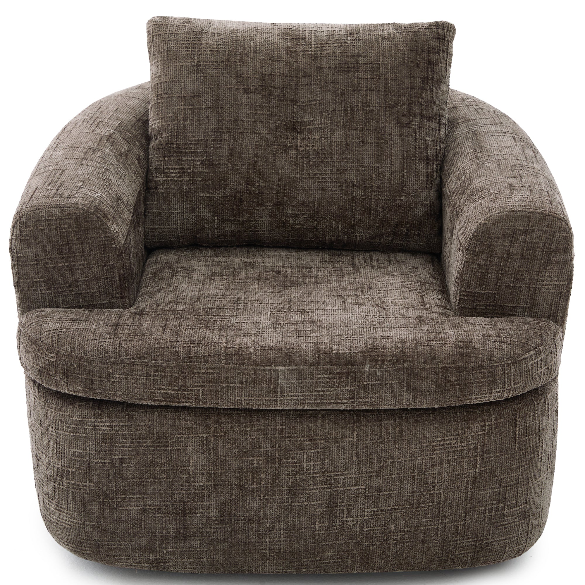 Brown chenille swivel barrel chair — front view
