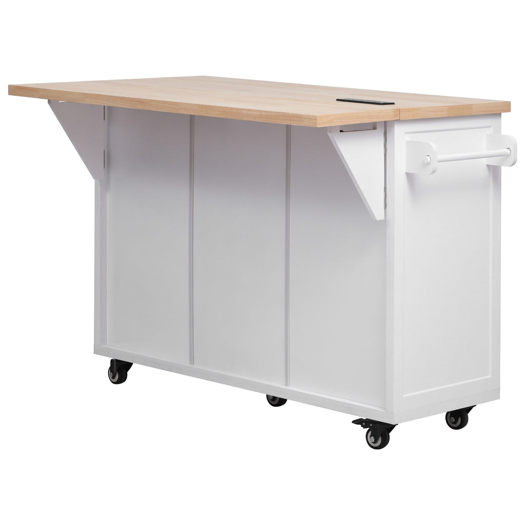 K&K 56.5'' Kitchen Island with Drop Leaf, Power Outlet, Embossed Vertical Stripe Rolling Kitchen Cart on Wheels with 4 Doors , 5 Deep Drawers and Adjustable Shelves, for Kitchen, Dining Room, Black