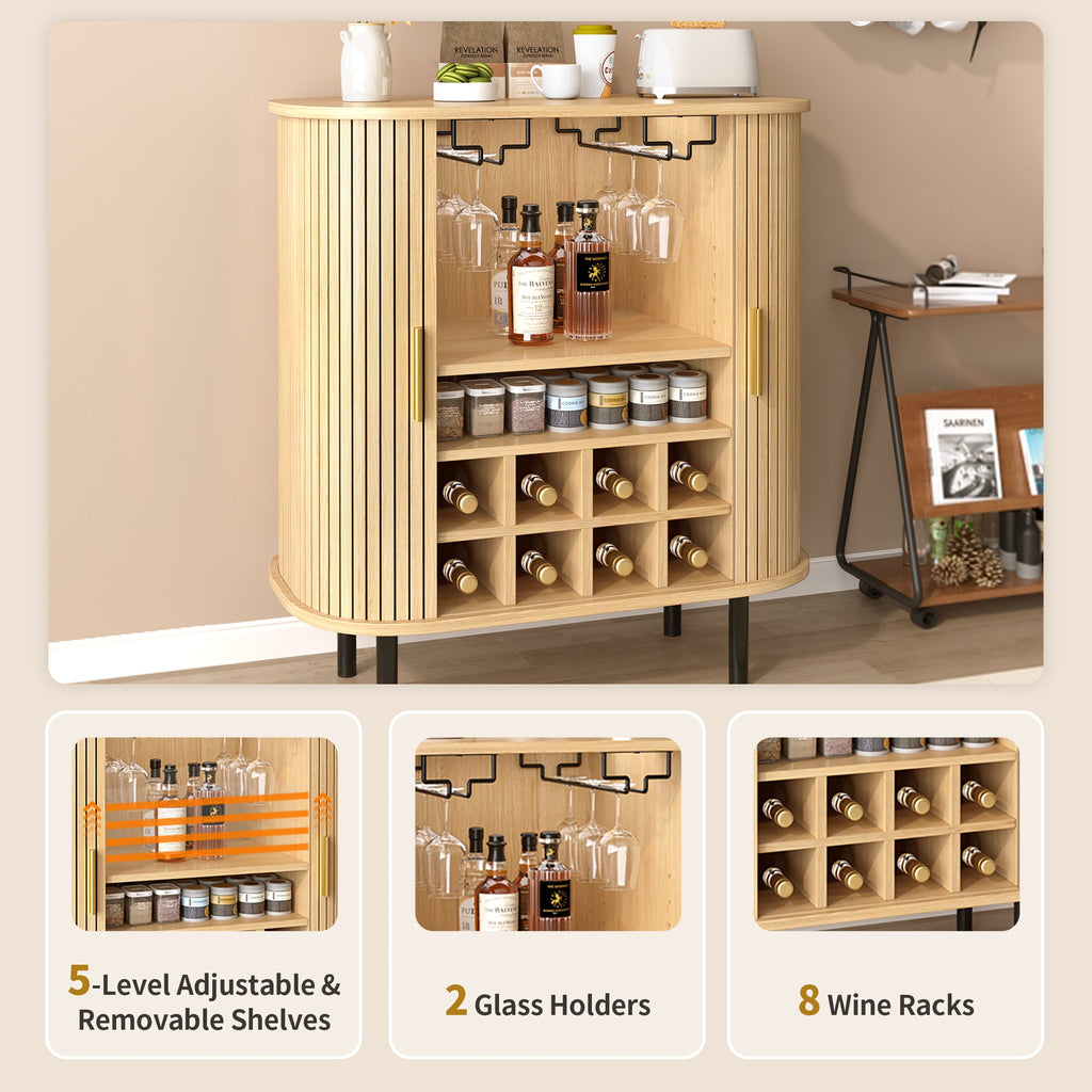28' Fluted Wine Bar Cabinet with 8-Grid Wine Rack, 5-Level Adjustable Shelves, 2 Glass Holders, Smoothly Sliding Tambour Doors, 4 Hidden Storage Space on the Side, Modern Liquor Coffee Station, Black