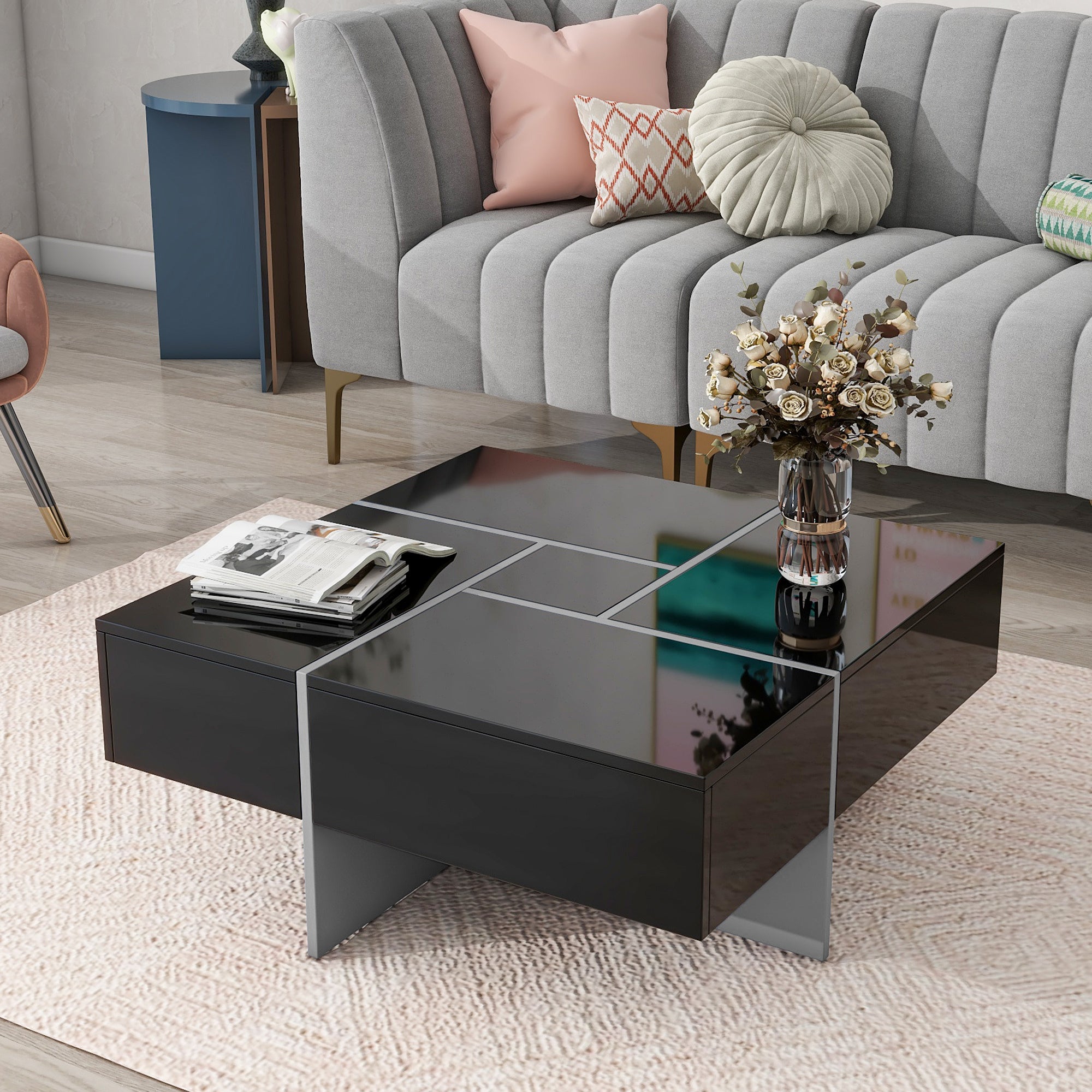 Square sliding top coffee table hidden storage — angle view