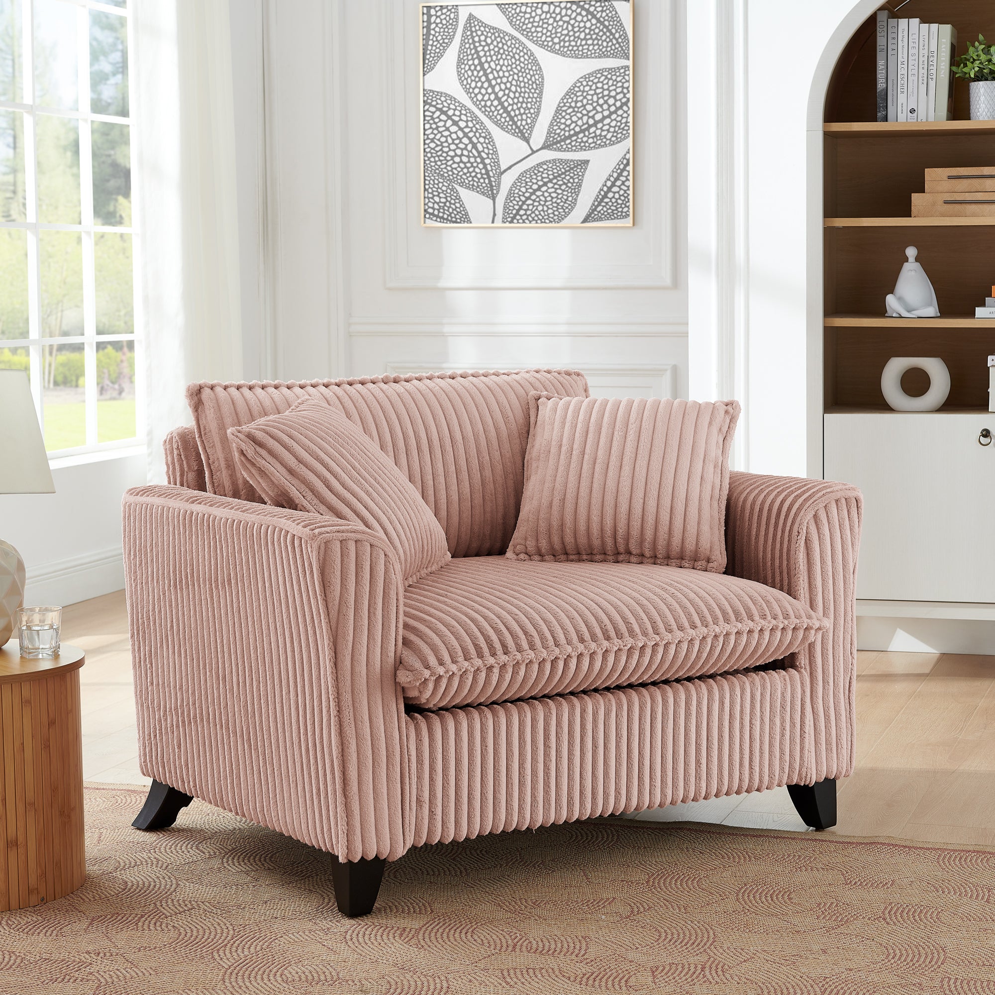 Pink corduroy lazy sofa chair — front view