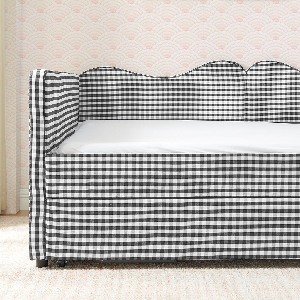 Full‑Size Daybed,Gingham Upholstered Daybed Equipped with Pull-Out Trundle Bed Frame & Side Storage Pocket, Solid Wood Frame Multi-Functional Sofa Bed for Kids Room & Guest Bedroom-PINK
