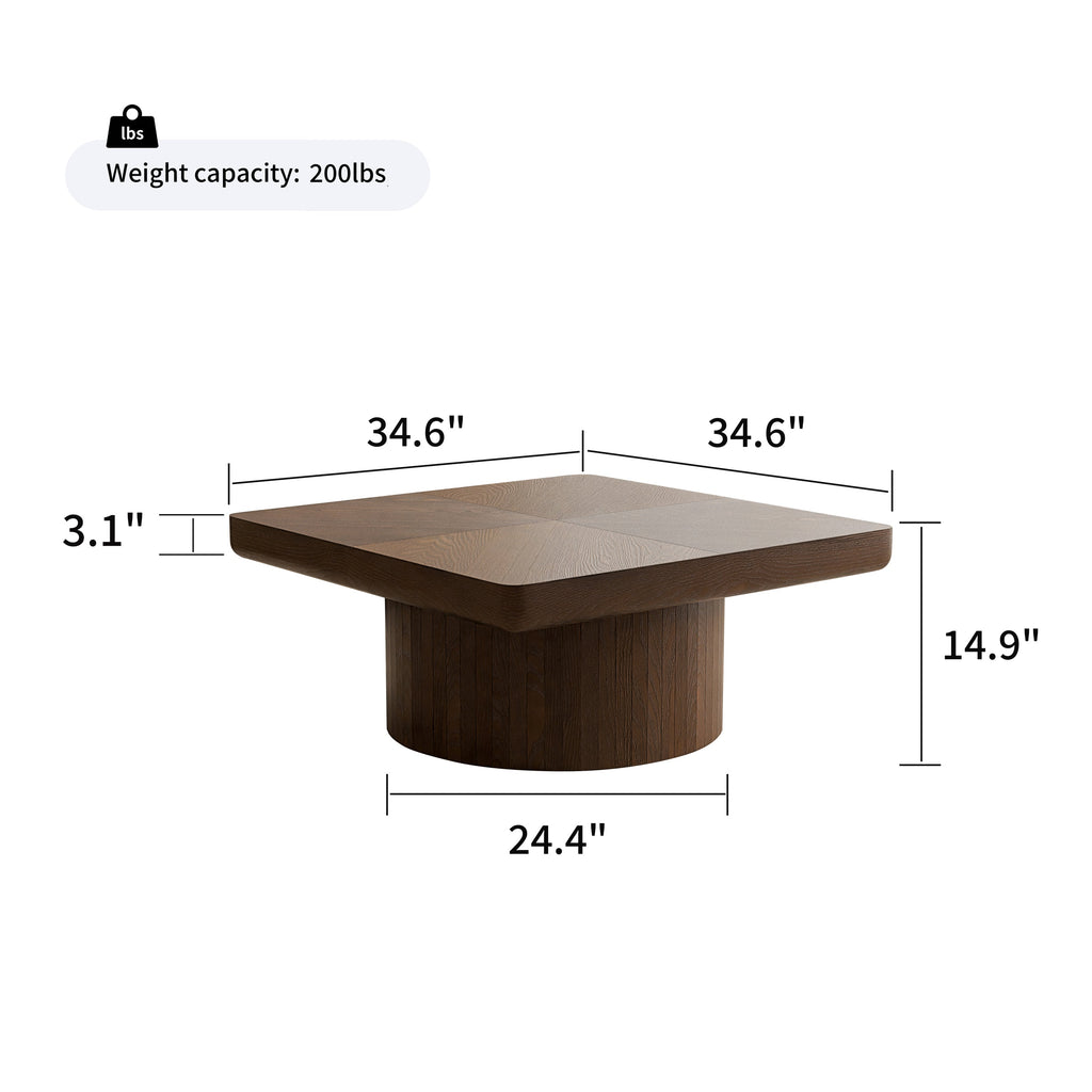 34.6'' Square Coffee Table for Living Room, Modern Wood Veneer Top with Parquet Pattern & Cylindrical Base, Thickened Tabletop, Easy Assembly, Natural Wood