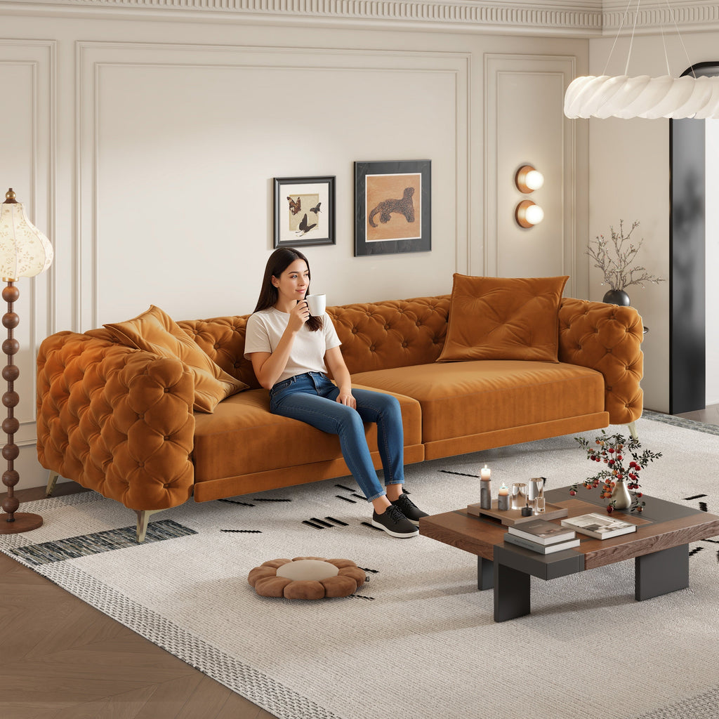 97.7' 3-in-1 Convertible Sleeper Sofa, 28.4' Deep Seat Pull Out Sofa Bed,Button Tufted Modern Sofa, 4-Seater Couch with Movable Ottoman for Apartment, Office, Bedroom,Beige/White