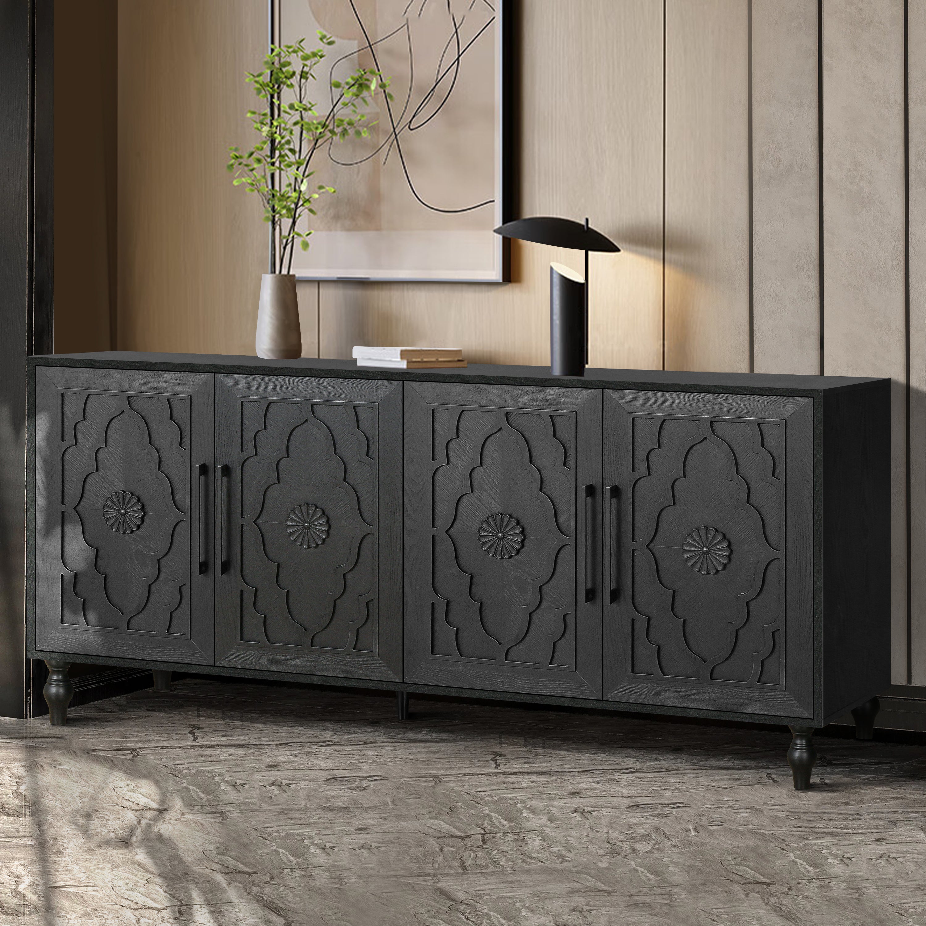 Carved Flower Door Storage Cabinet — Metal Handles