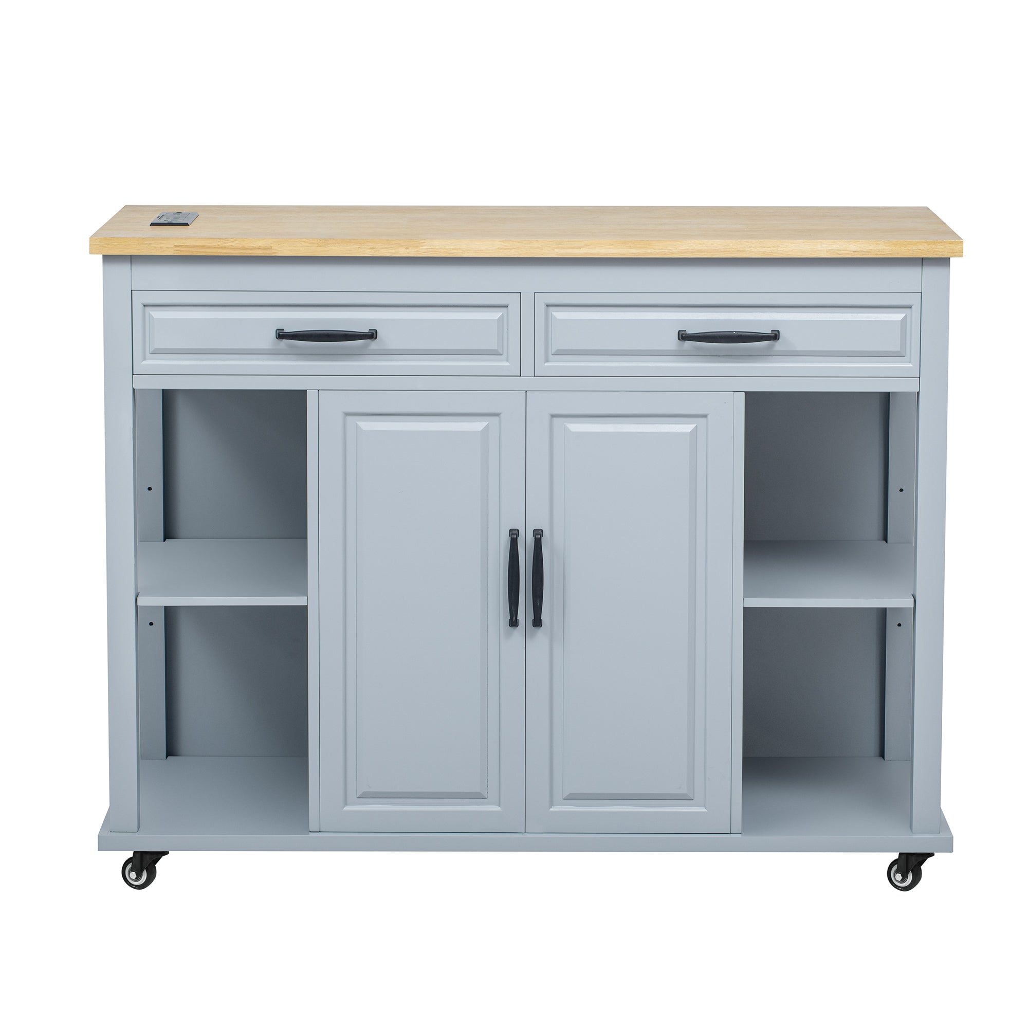 K&K 47 inch Kitchen Island with Extendable Dining Table, Rubber Wood Veneer Kitchen Table with Internal Storage Rack, Power Outlet, Kitchen island with Storage 2 Drawers 2 Cabinet, Black