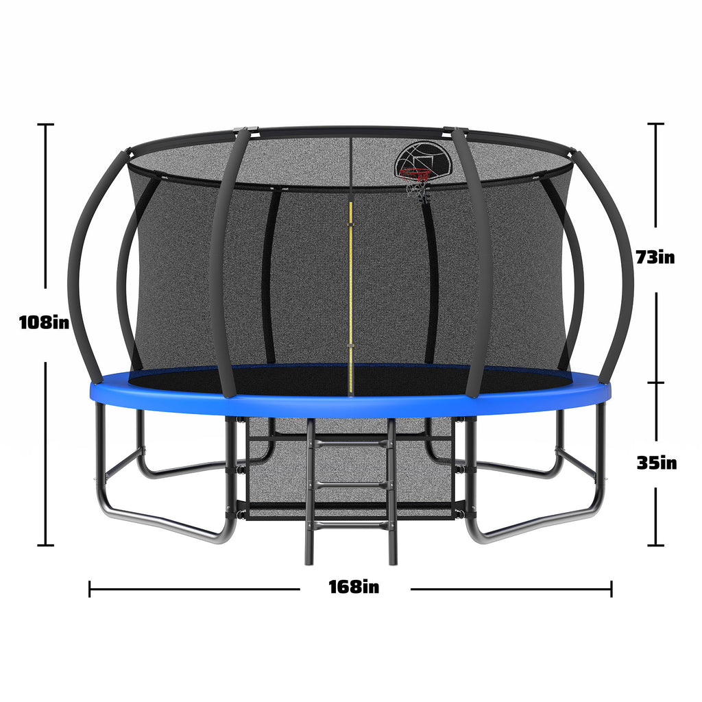 Blue trampoline jumping mat heavy-duty weave outdoor backyard view