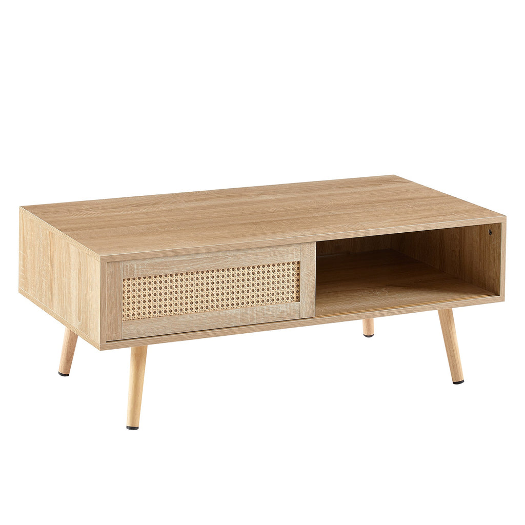 Rattan Coffee Table — Sliding Door Storage & Solid Wood Legs