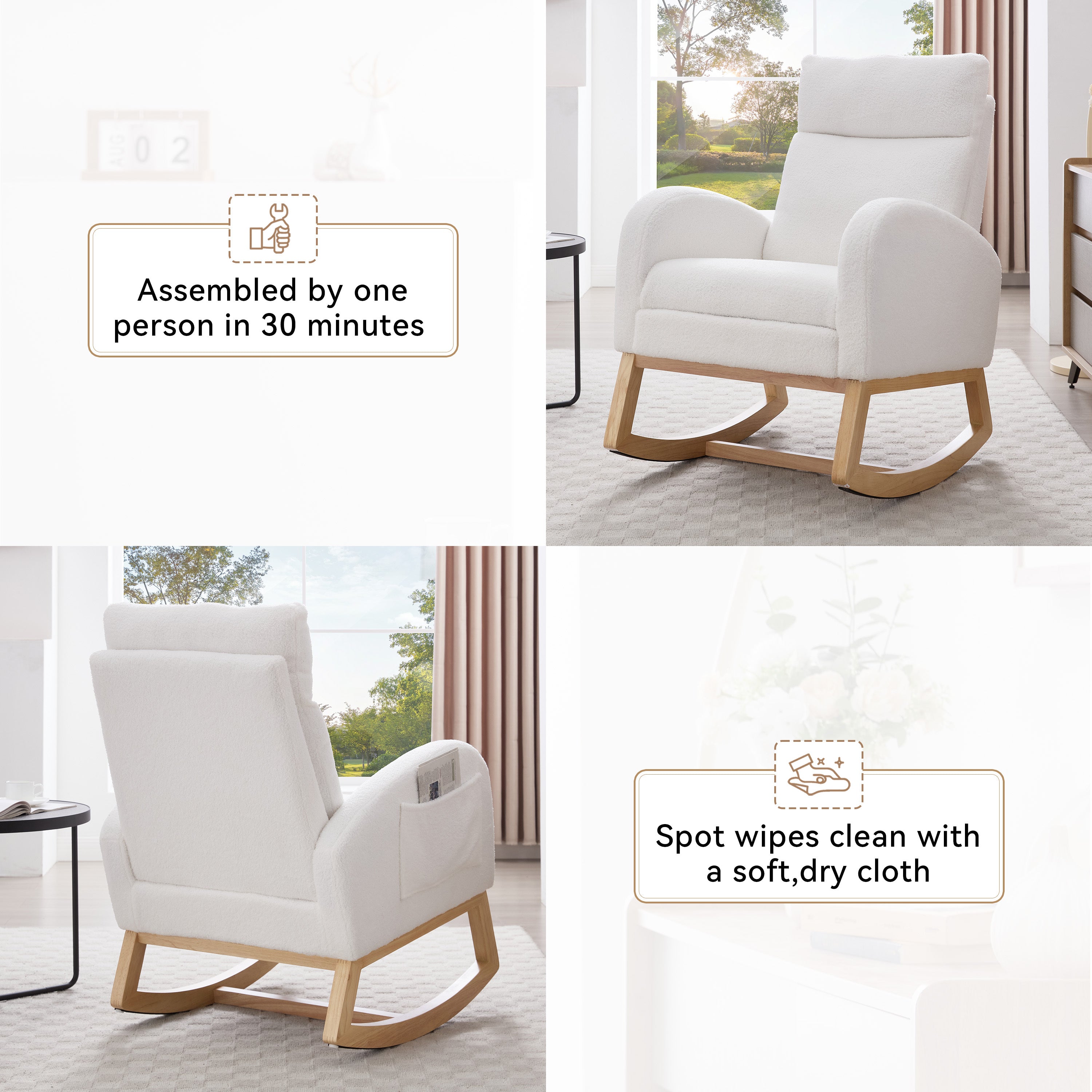 White teddy rocking chair in living room setting