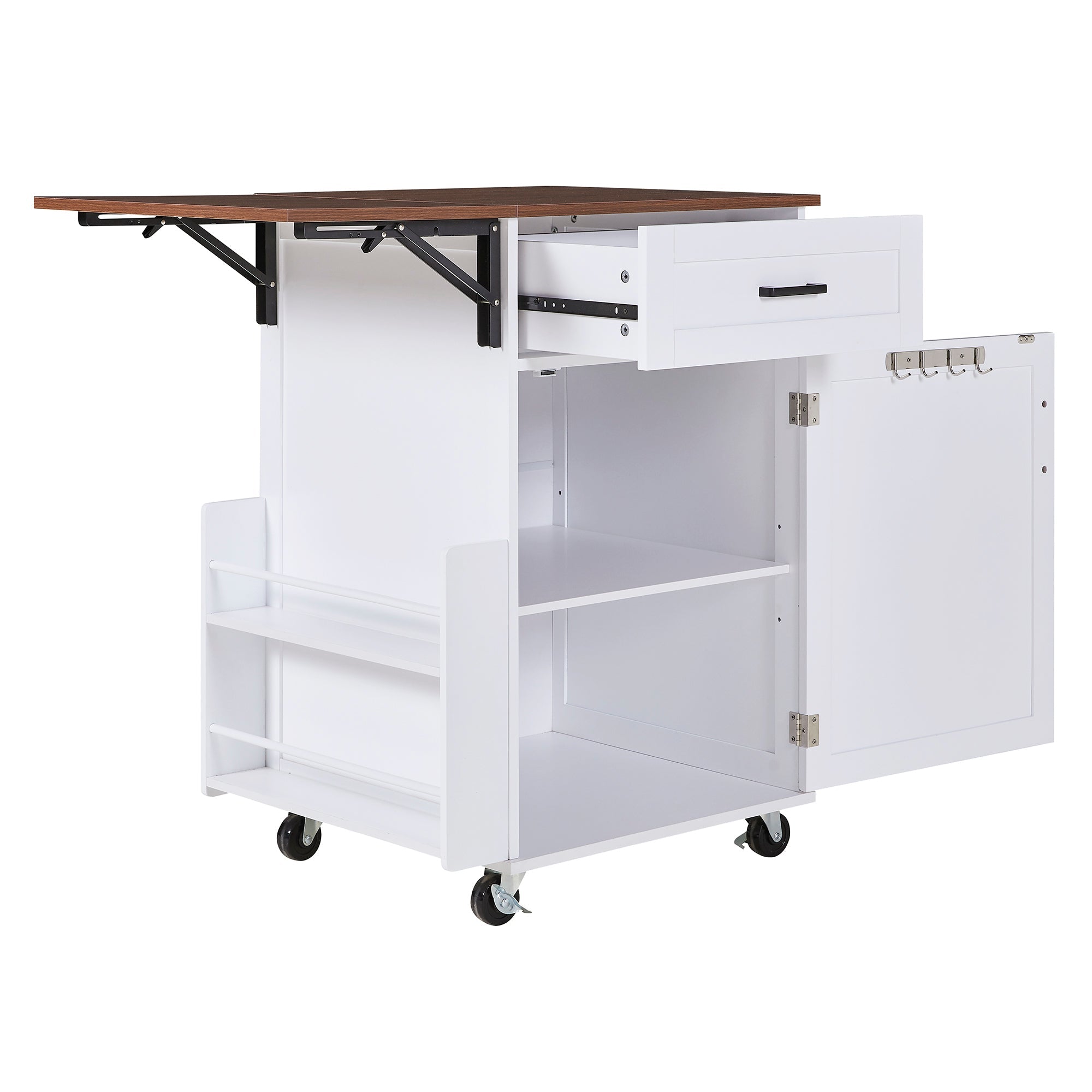K&K 39.3' Farmhouse Kitchen Island with Drop Leaf, Kitchen Storage Island with Open Side Rack, One Drawer, Towel Rack, Rolling Kitchen Cart with Lockable Wheels for Lawn Garden, Black