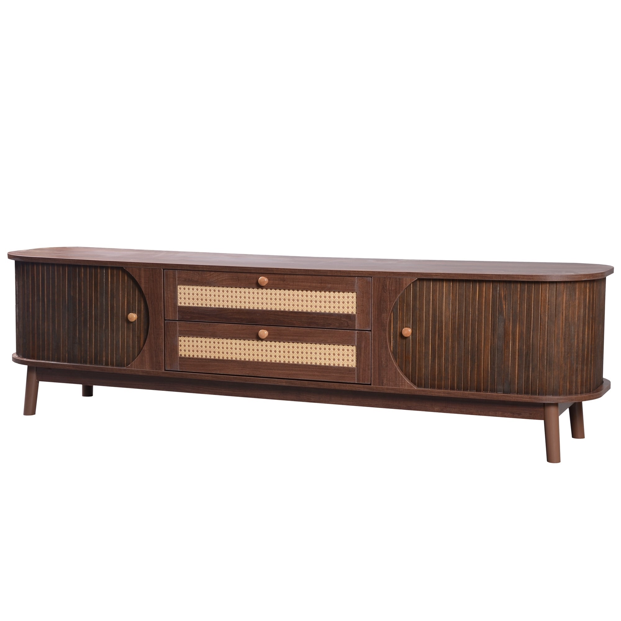 Modern Farmhouse Rattan TV Stand — for TVs Up to 75" (Natural Wood)