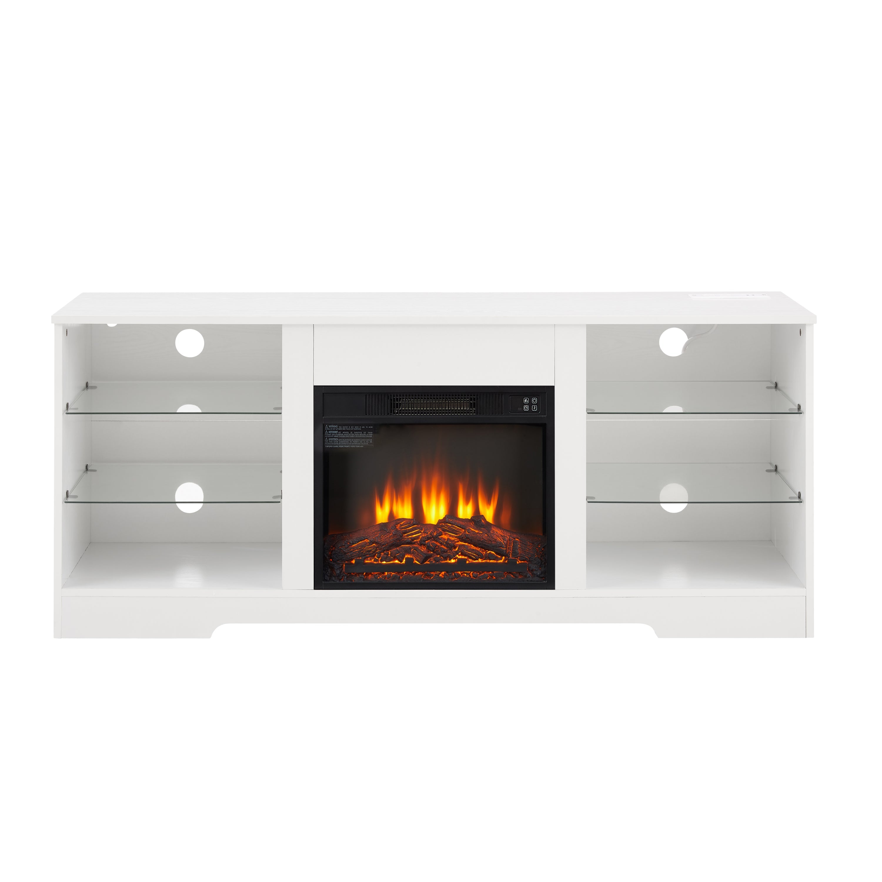 TV Stand with Electric Fireplace — Glass Shelves & USB Outlets for TVs Up to 62"