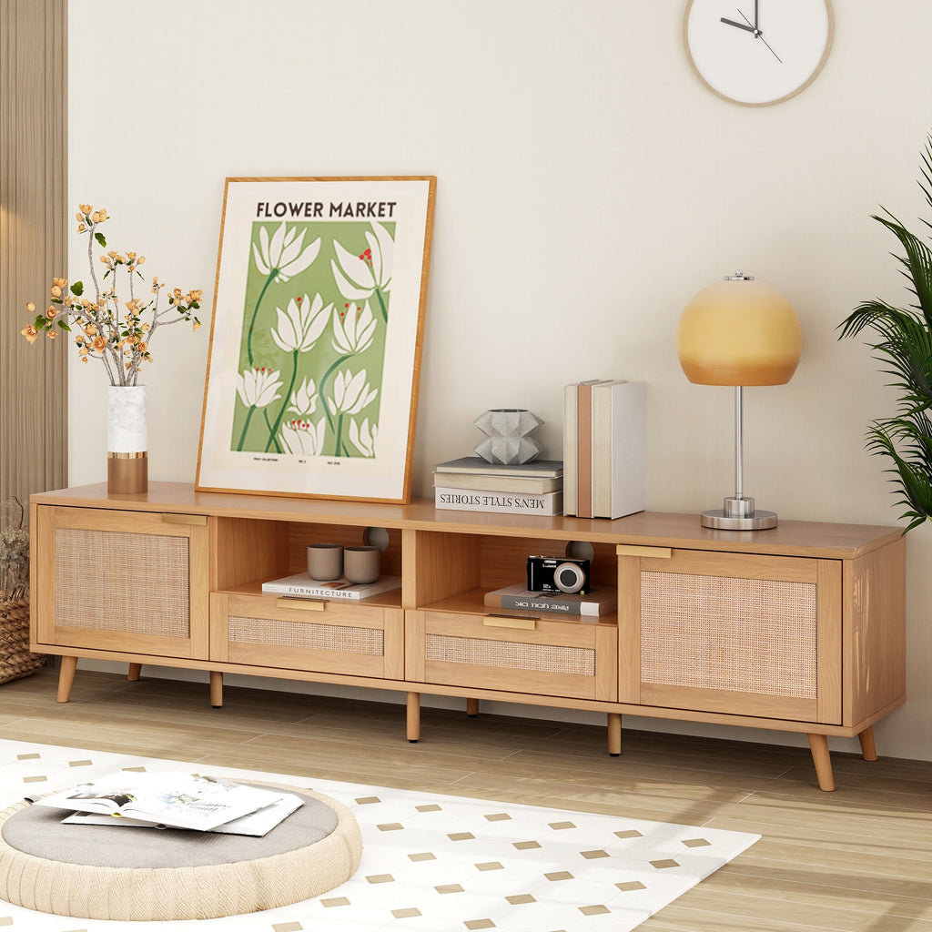 TV stand with rattan cabinets and open shelves