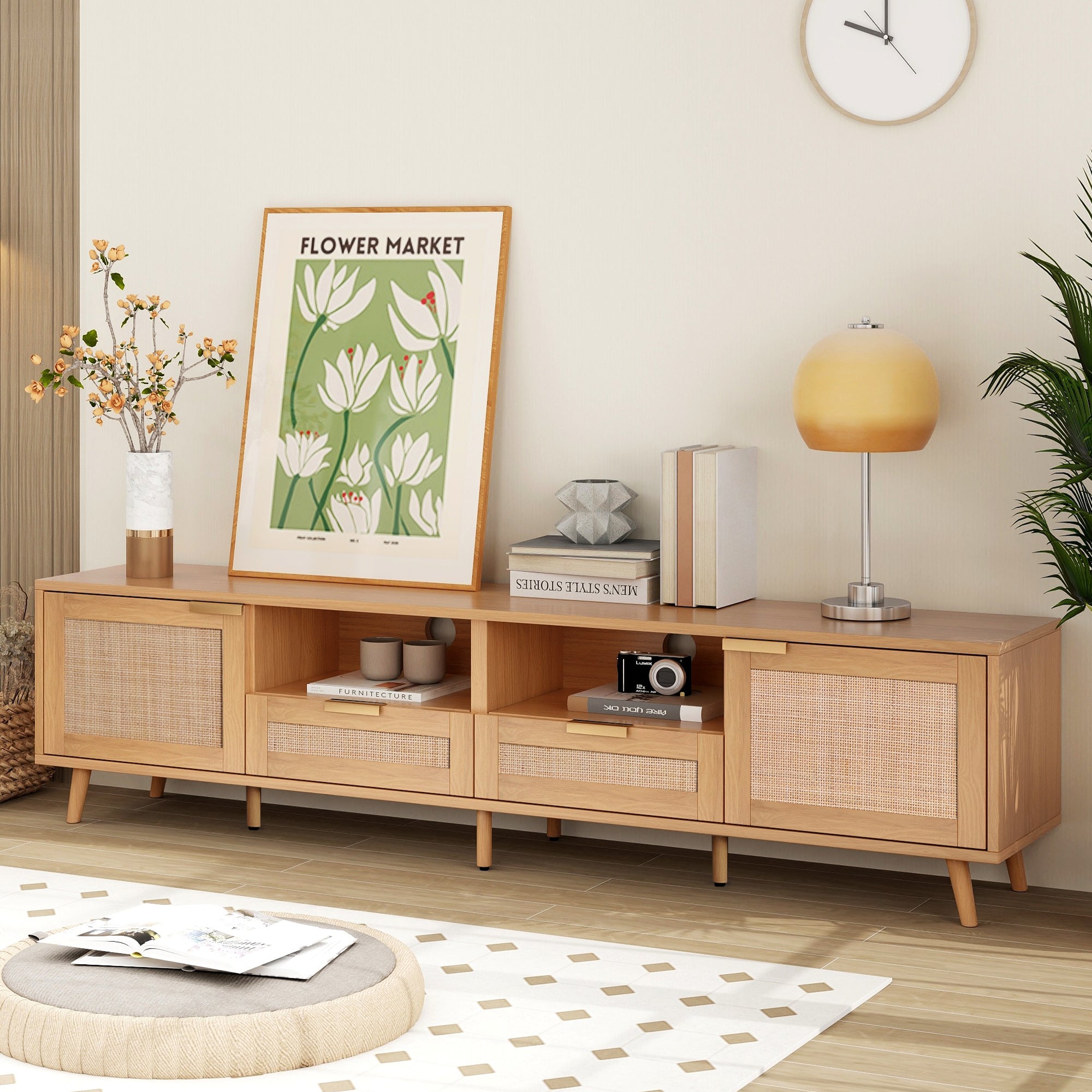 TV stand with rattan cabinets and open shelves