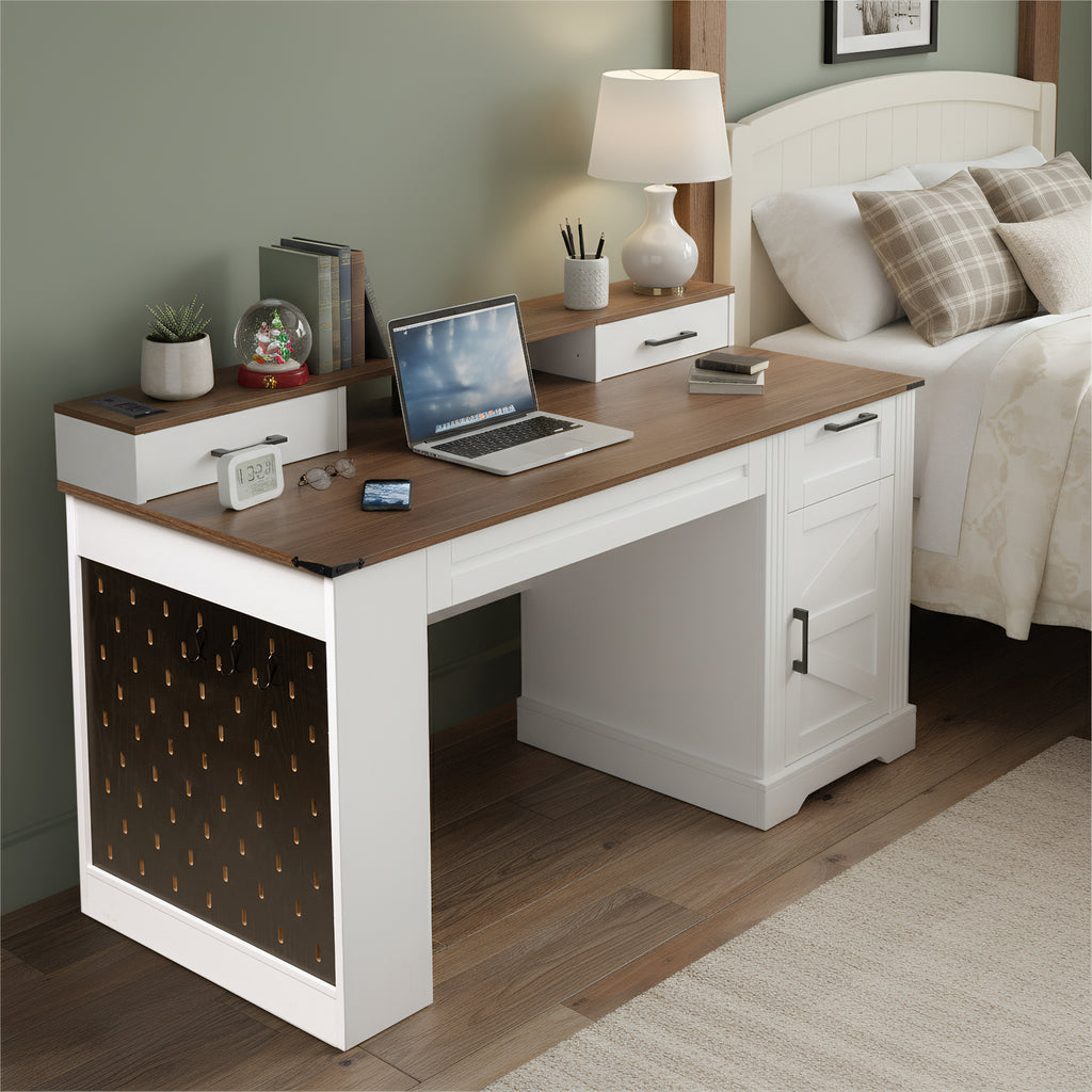 Farmhouse office desk built-in charging hub with AC USB and Type-C ports