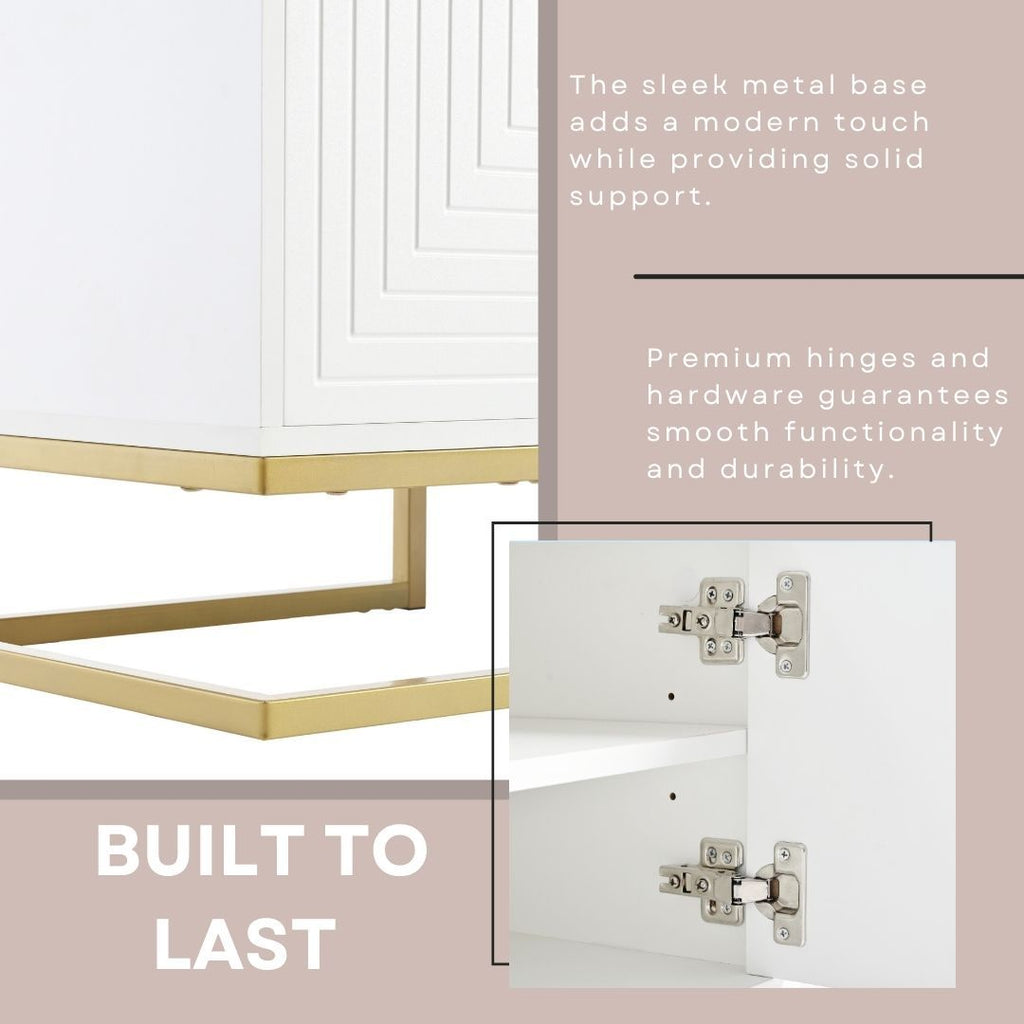 Gold handle detail on white TV stand