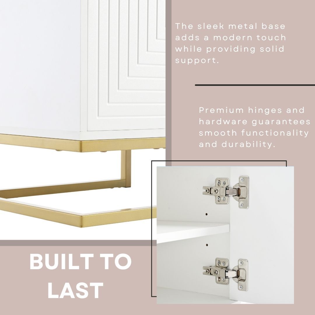 Gold handle detail on white TV stand