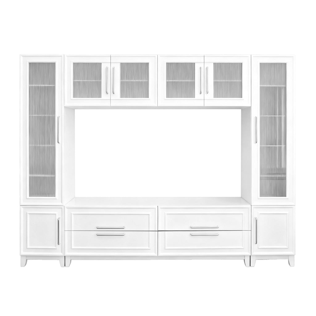 White 102 inch wall unit entertainment center — front view