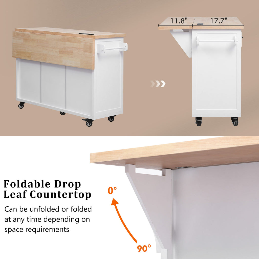 K&K 56.5'' Kitchen Island with Drop Leaf, Power Outlet, Embossed Vertical Stripe Rolling Kitchen Cart on Wheels with 4 Doors , 5 Deep Drawers and Adjustable Shelves, for Kitchen, Dining Room, Black