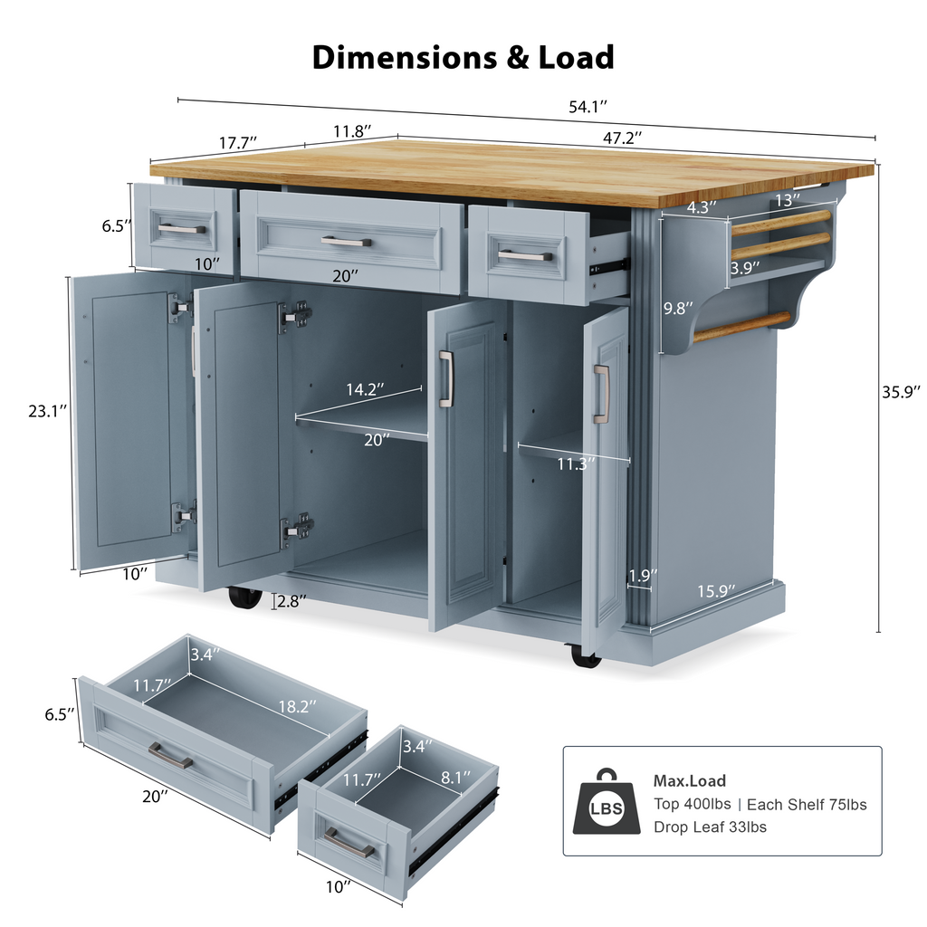 K&K 54inch Large Kitchen Island with Rubber Wood Drop Leaf, Embossed Texture Rolling Kitchen Cart on 4 Wheels with 4 Doors and 3 Drawers, Kitchen Island with Storage for Kitchen, Dining Room,Black