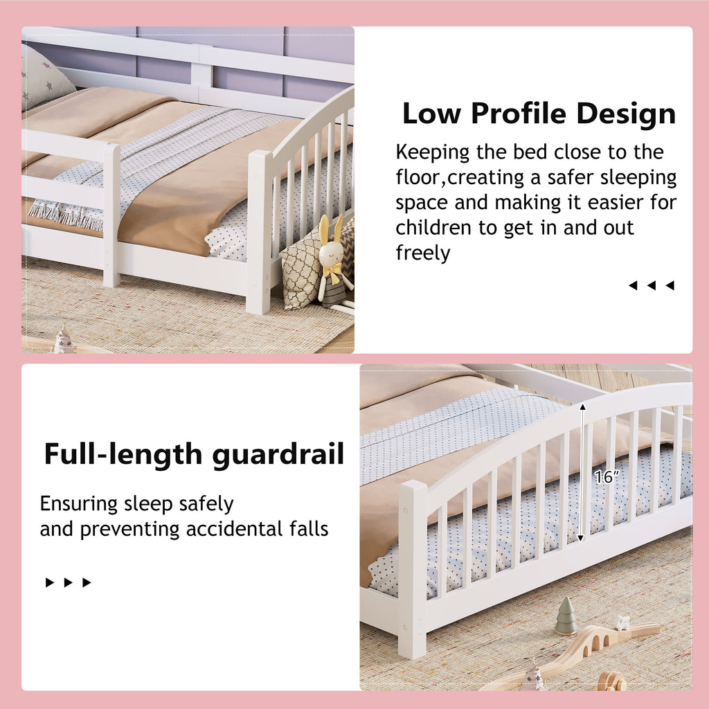 Full Montessori Floor Bed with Slats and Safety Guardrails, Solid Wood Floor Bed with Fence and Without Door, Easy Assemble Montessori Bed for Girls and Boys, Gray